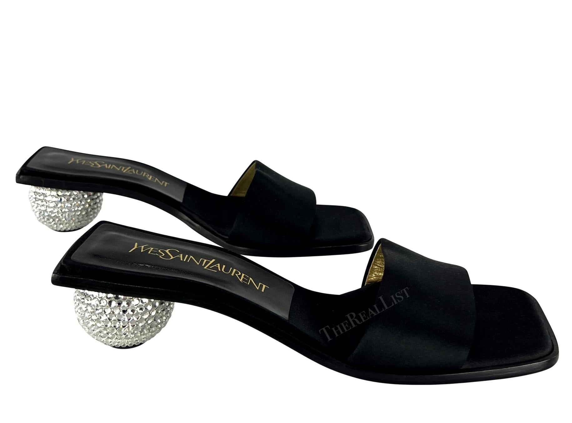 NEW 1990s Yves Saint Laurent Black Satin Sandal Rhinestone Ball Kitten Heel - RealList
