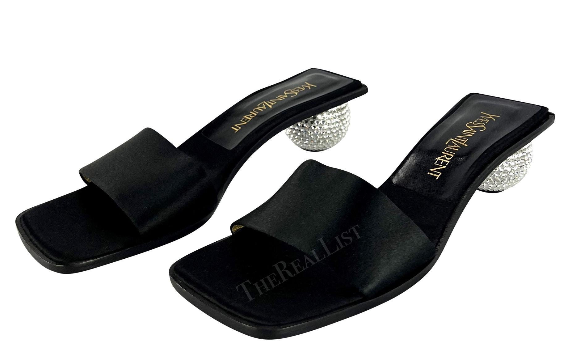 NEW 1990s Yves Saint Laurent Black Satin Sandal Rhinestone Ball Kitten Heel - RealList