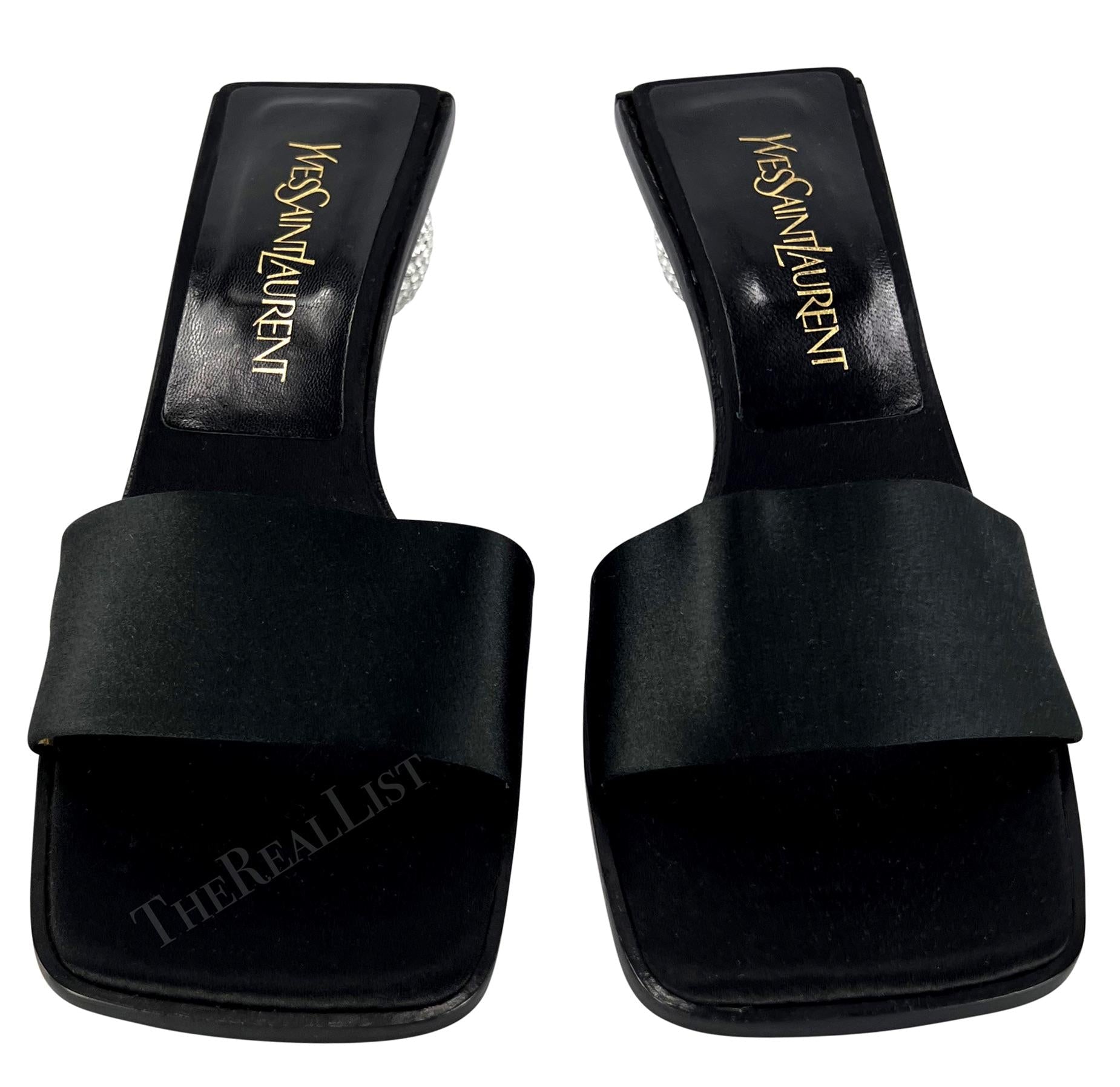 NEW 1990s Yves Saint Laurent Black Satin Sandal Rhinestone Ball Kitten Heel - RealList