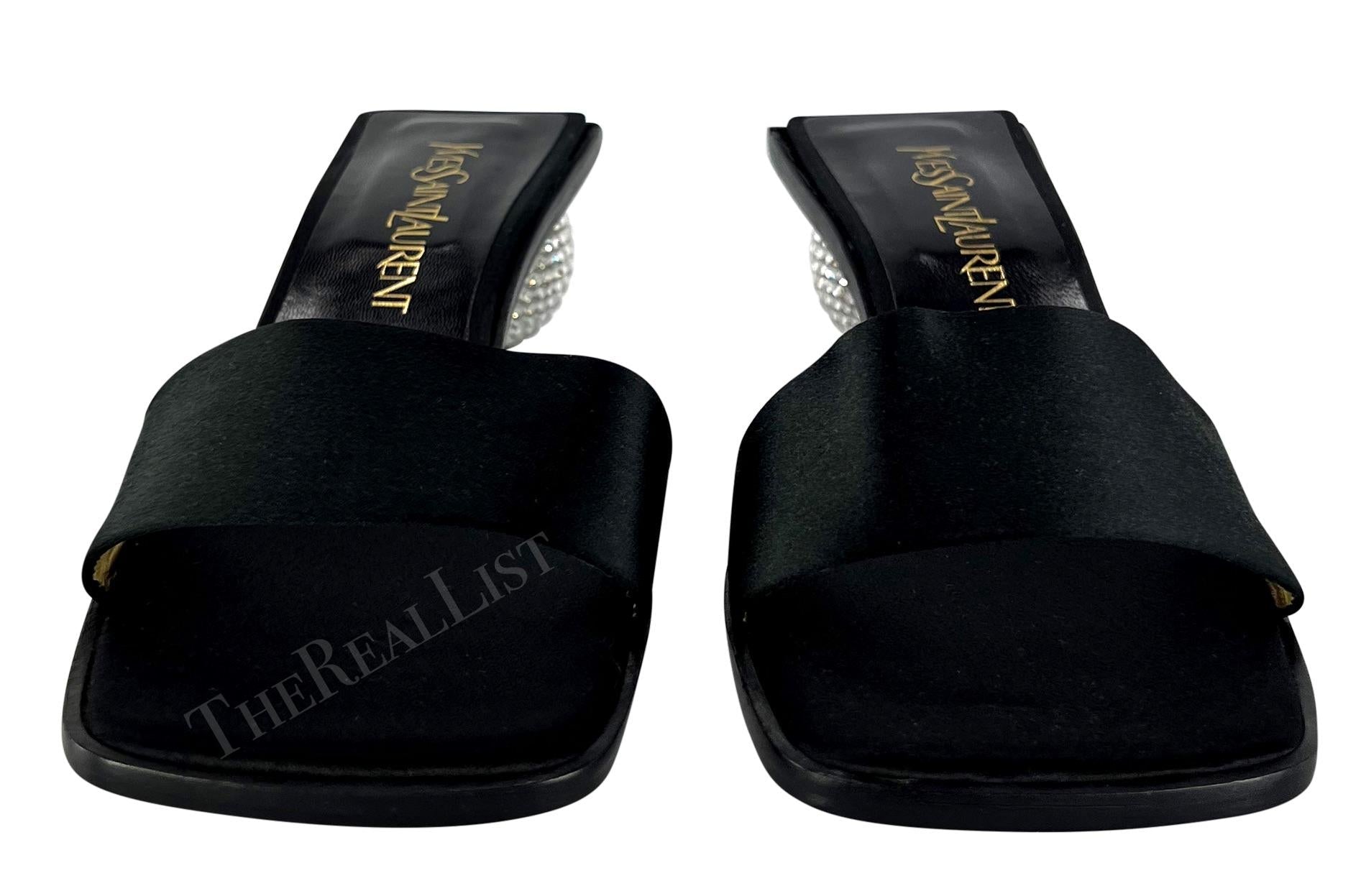 NEW 1990s Yves Saint Laurent Black Satin Sandal Rhinestone Ball Kitten Heel - RealList