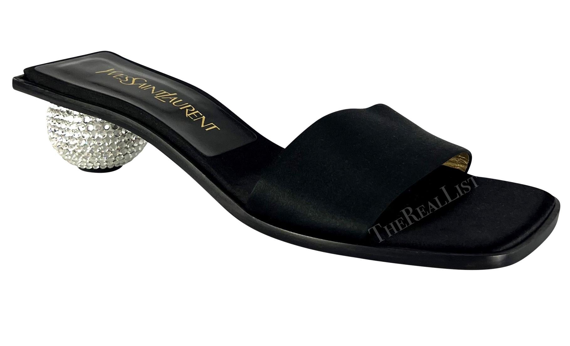 NEW 1990s Yves Saint Laurent Black Satin Sandal Rhinestone Ball Kitten Heel - RealList