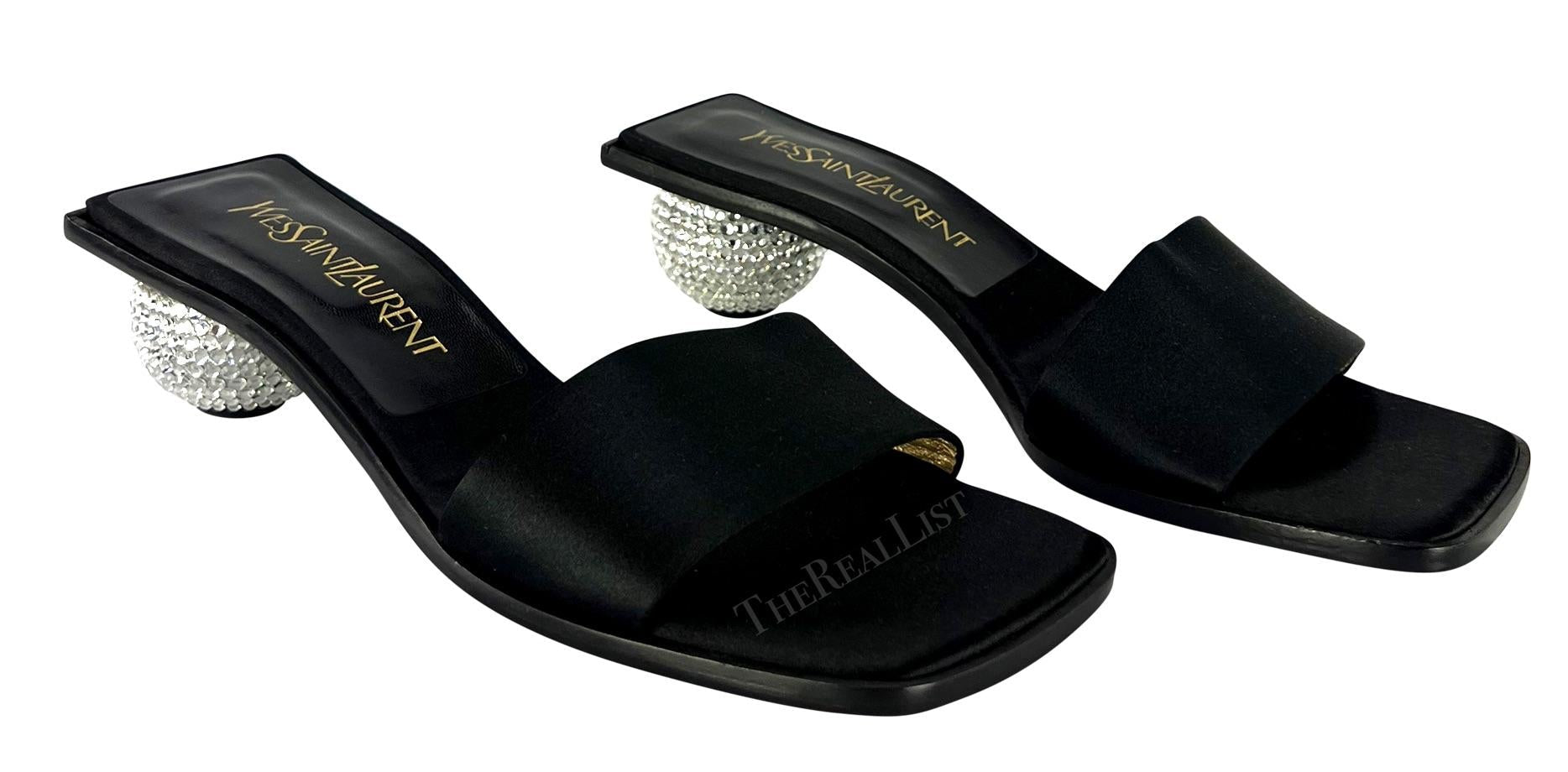 NEW 1990s Yves Saint Laurent Black Satin Sandal Rhinestone Ball Kitten Heel - RealList