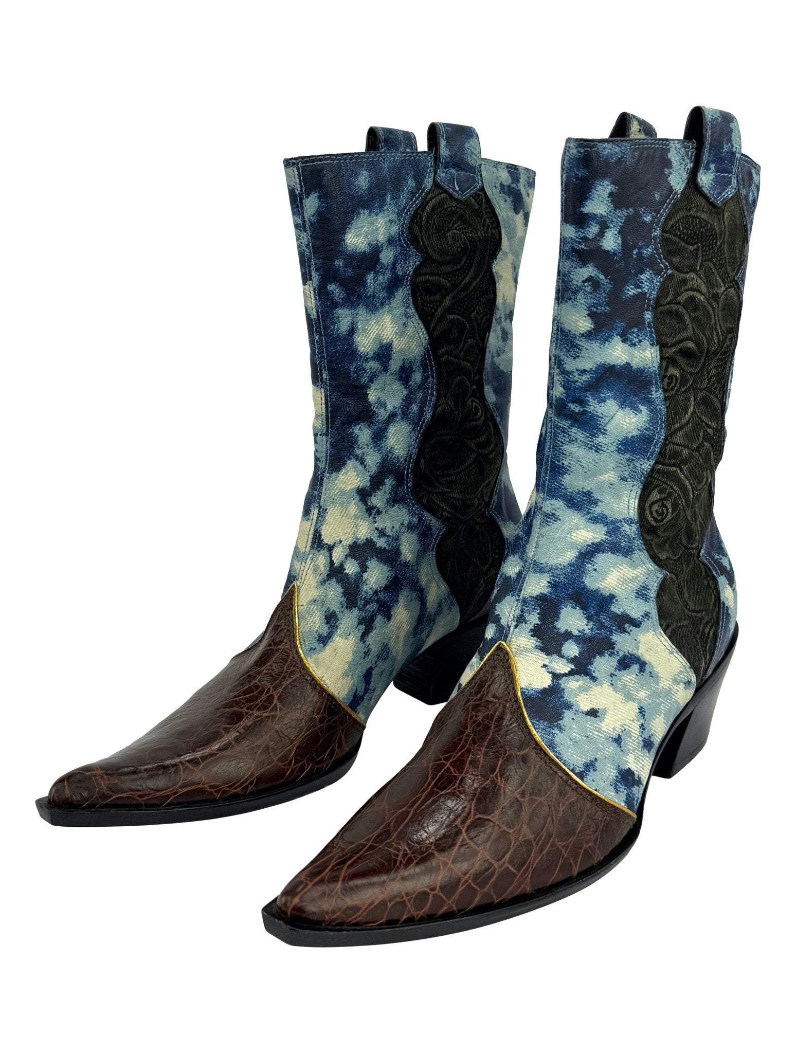 NEW 2000s Roberto Cavalli Blue Abstract Leather Croc Cowgirl Boots - RealList