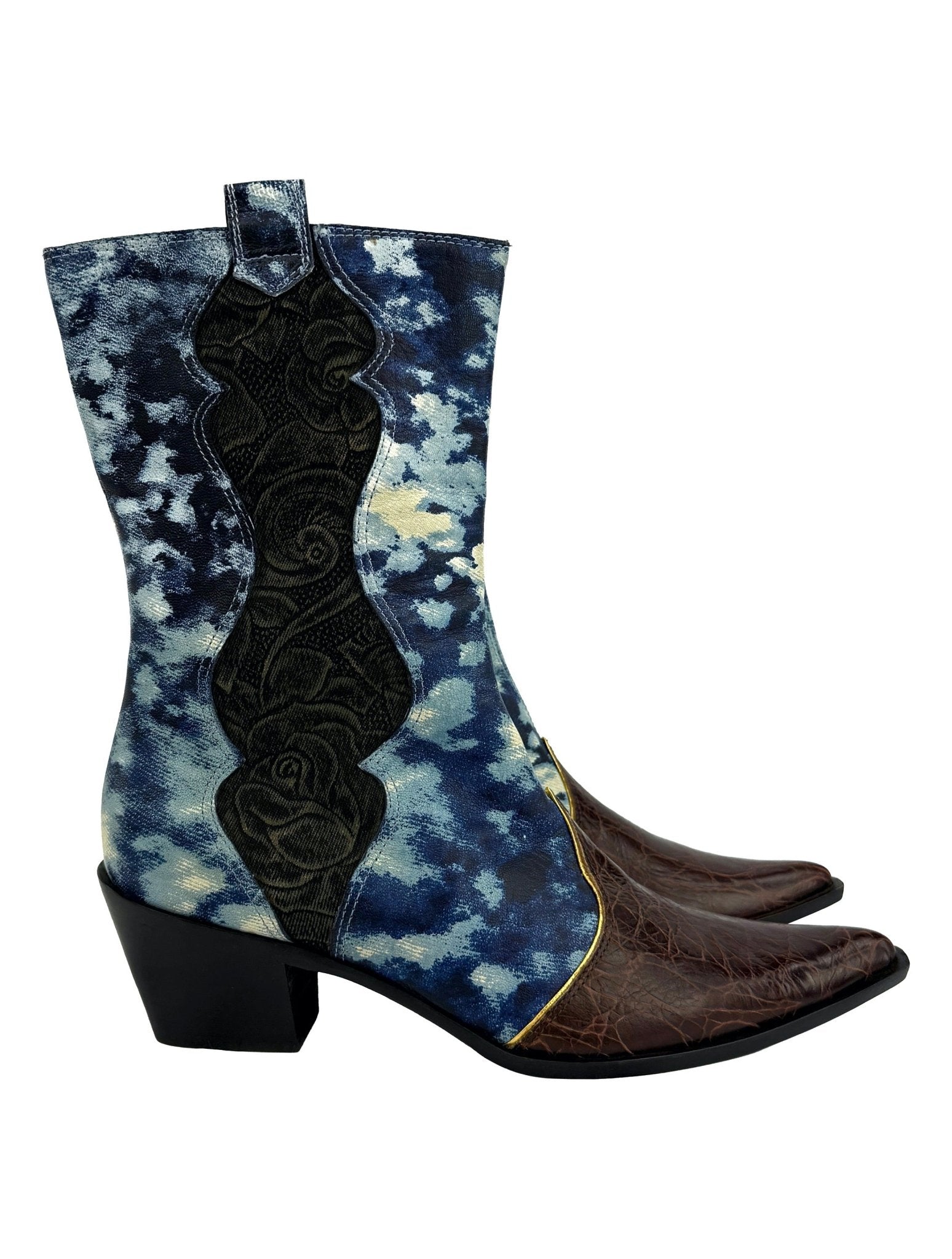 NEW 2000s Roberto Cavalli Blue Abstract Leather Croc Cowgirl Boots - RealList