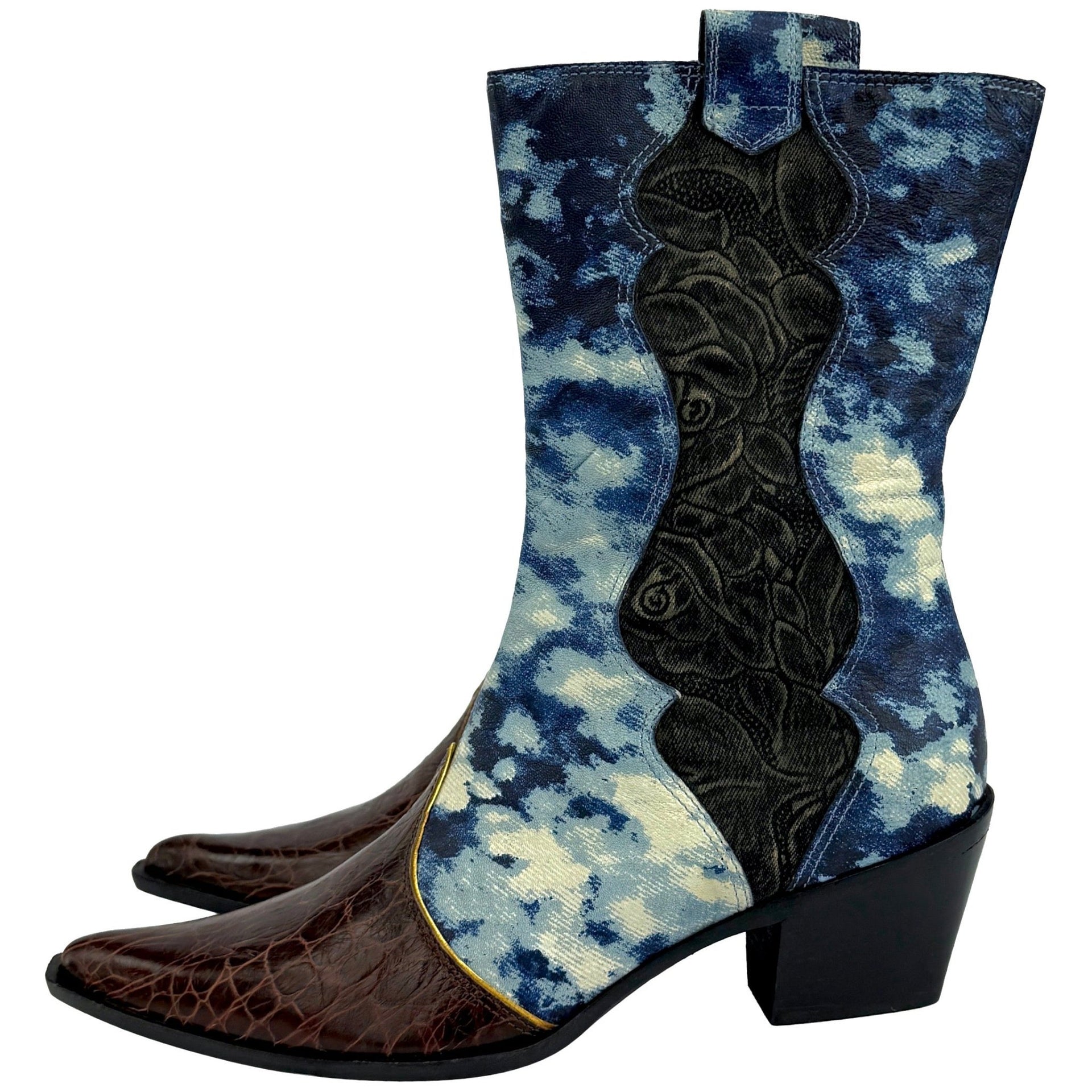 NEW 2000s Roberto Cavalli Blue Abstract Leather Croc Cowgirl Boots - RealList