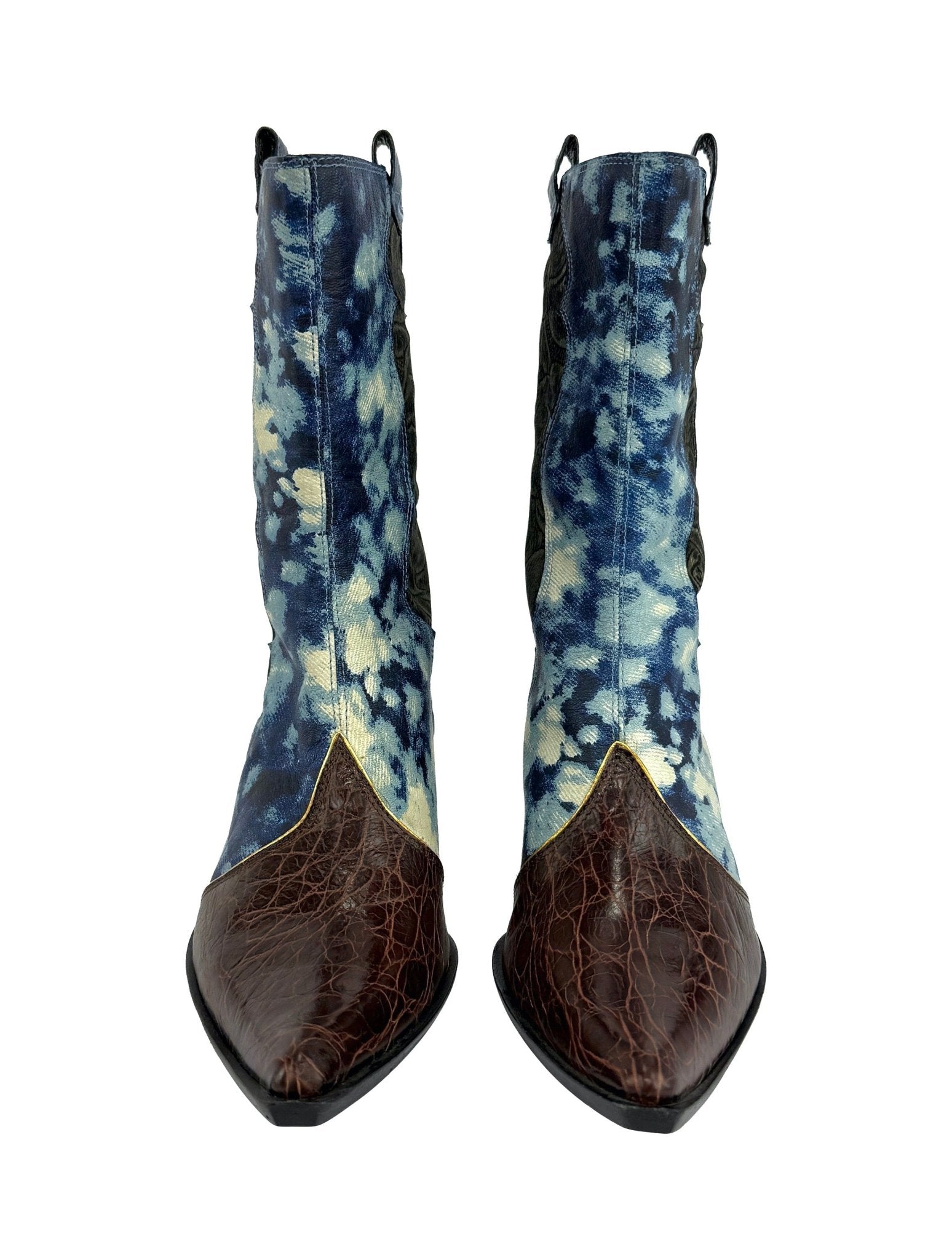NEW 2000s Roberto Cavalli Blue Abstract Leather Croc Cowgirl Boots - RealList