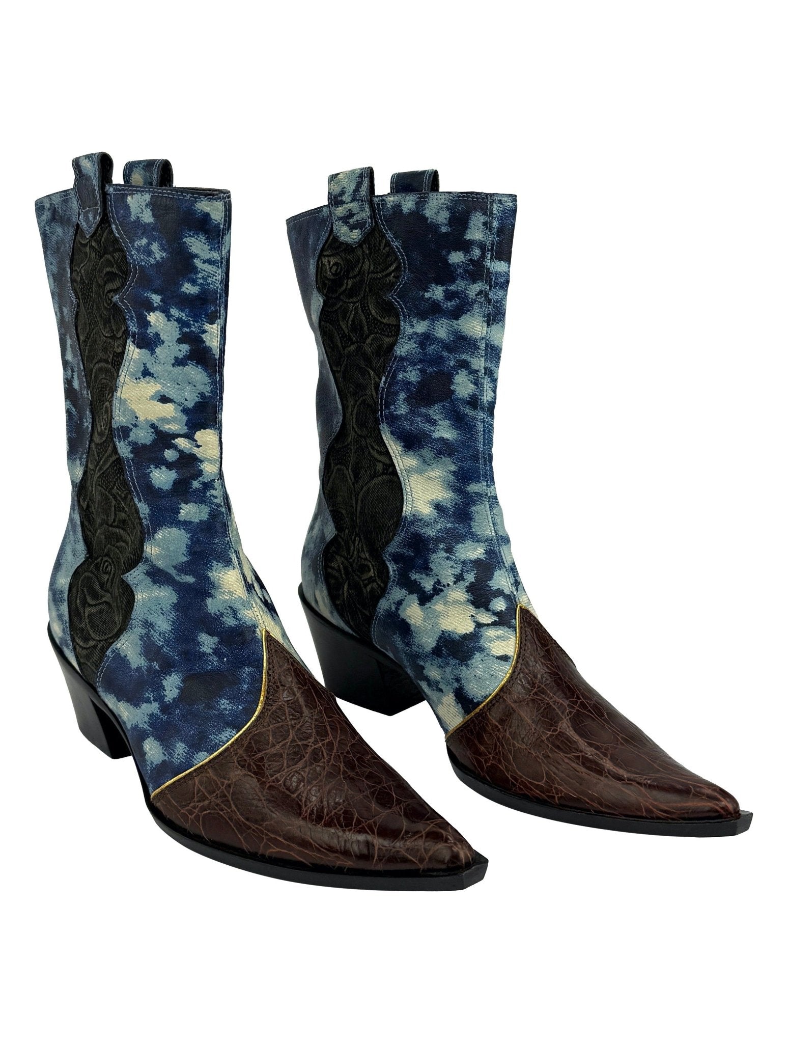 NEW 2000s Roberto Cavalli Blue Abstract Leather Croc Cowgirl Boots - RealList