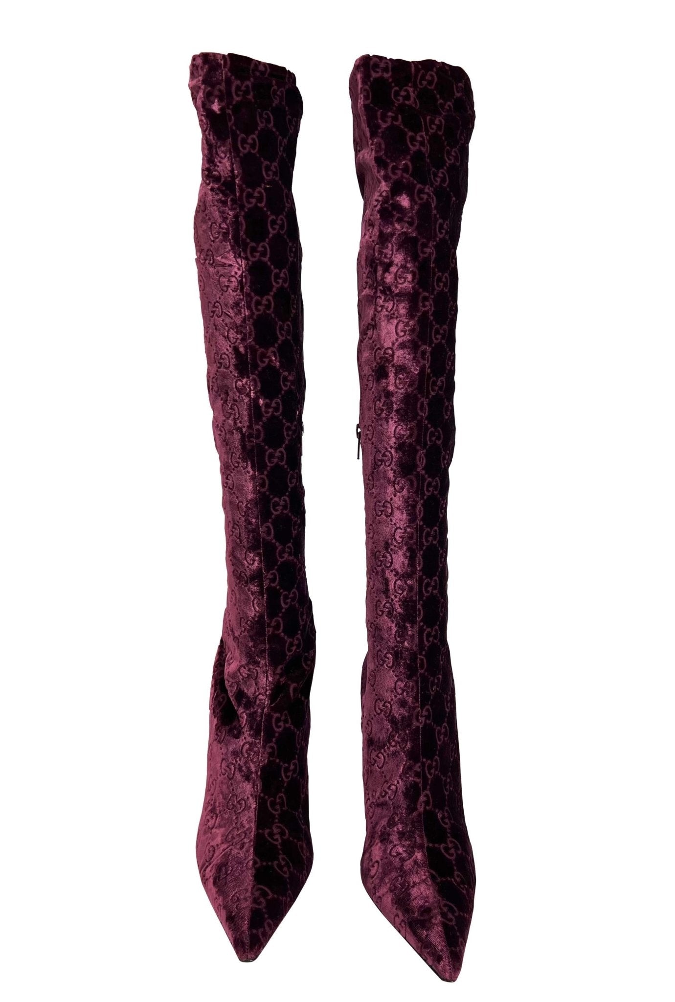 NEW F/W 2004 Gucci by Tom Ford Burgundy Velvet 'GG' Monogram Heel Boots Size 36C - RealList