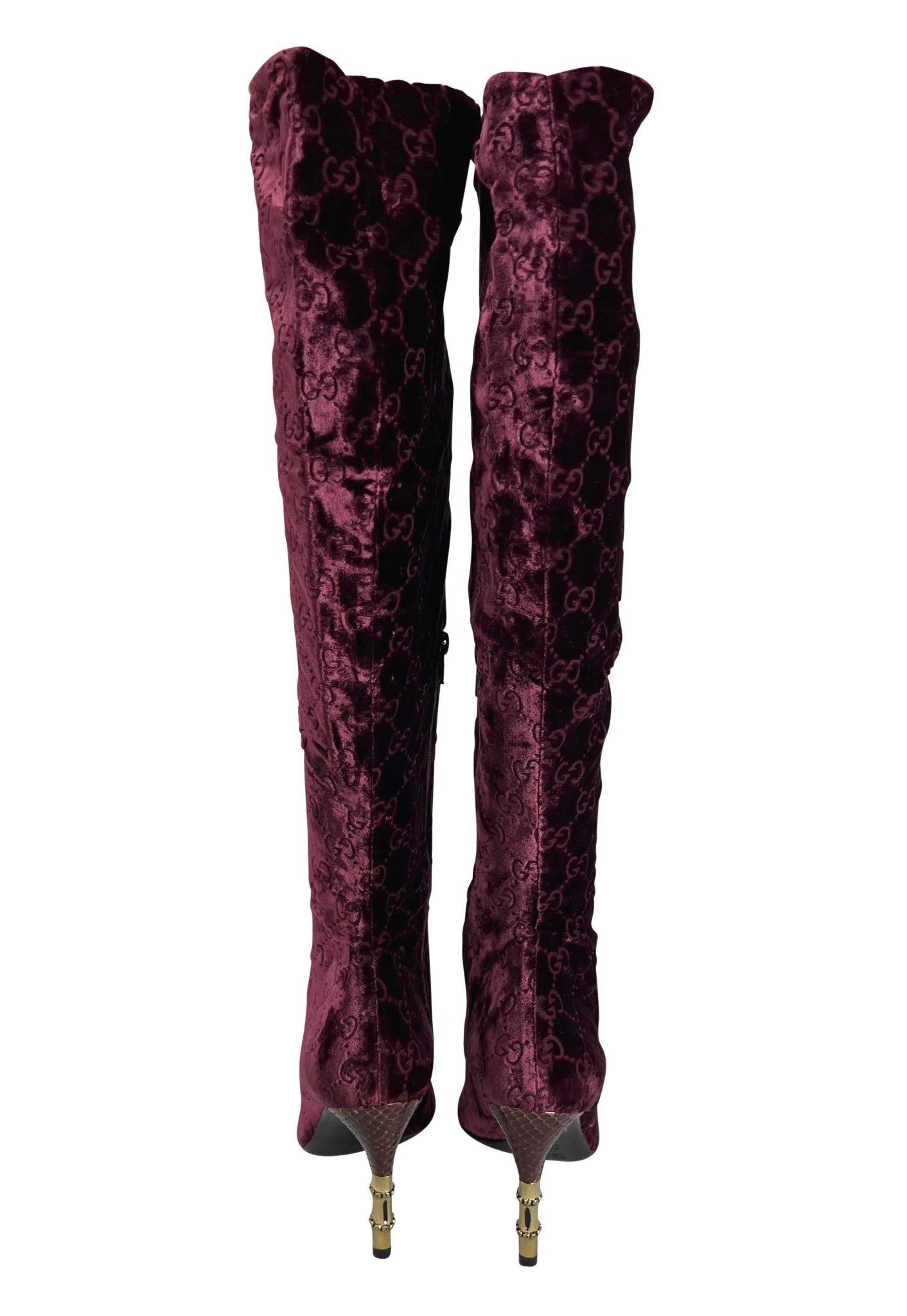 NEW F/W 2004 Gucci by Tom Ford Burgundy Velvet 'GG' Monogram Heel Boots Size 36C - RealList