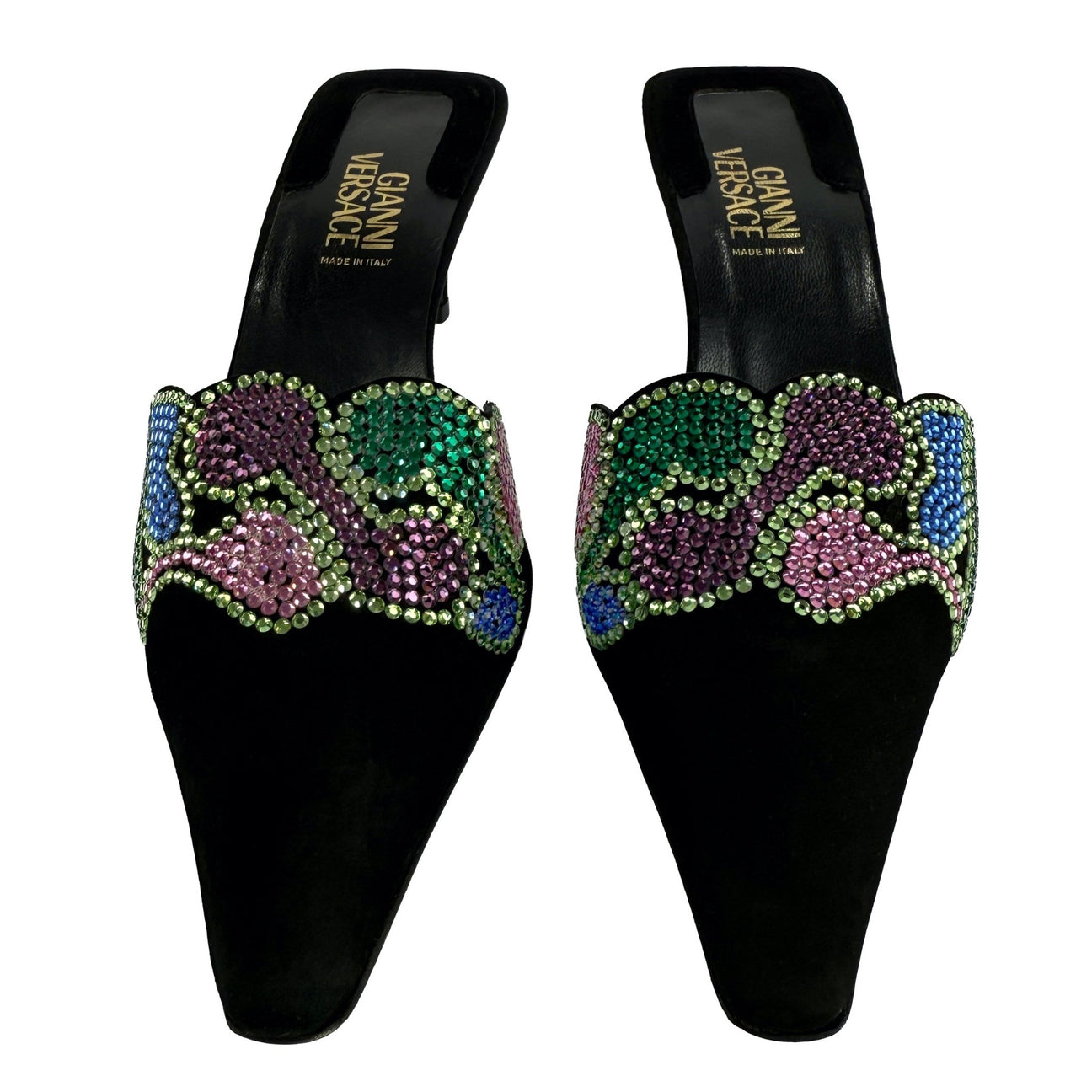 New S/S 2000 Gianni Versace by Donatella Rhinestone Black Suede Kitten Heels 37 - RealList