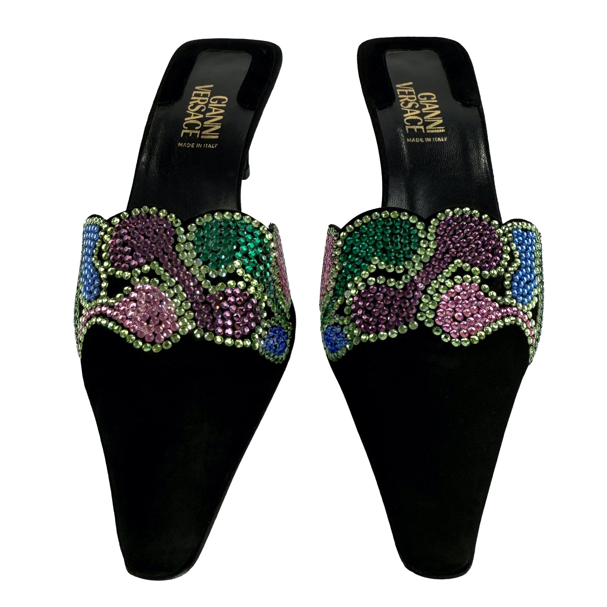 New S/S 2000 Gianni Versace by Donatella Rhinestone Black Suede Kitten Heels 37 - RealList
