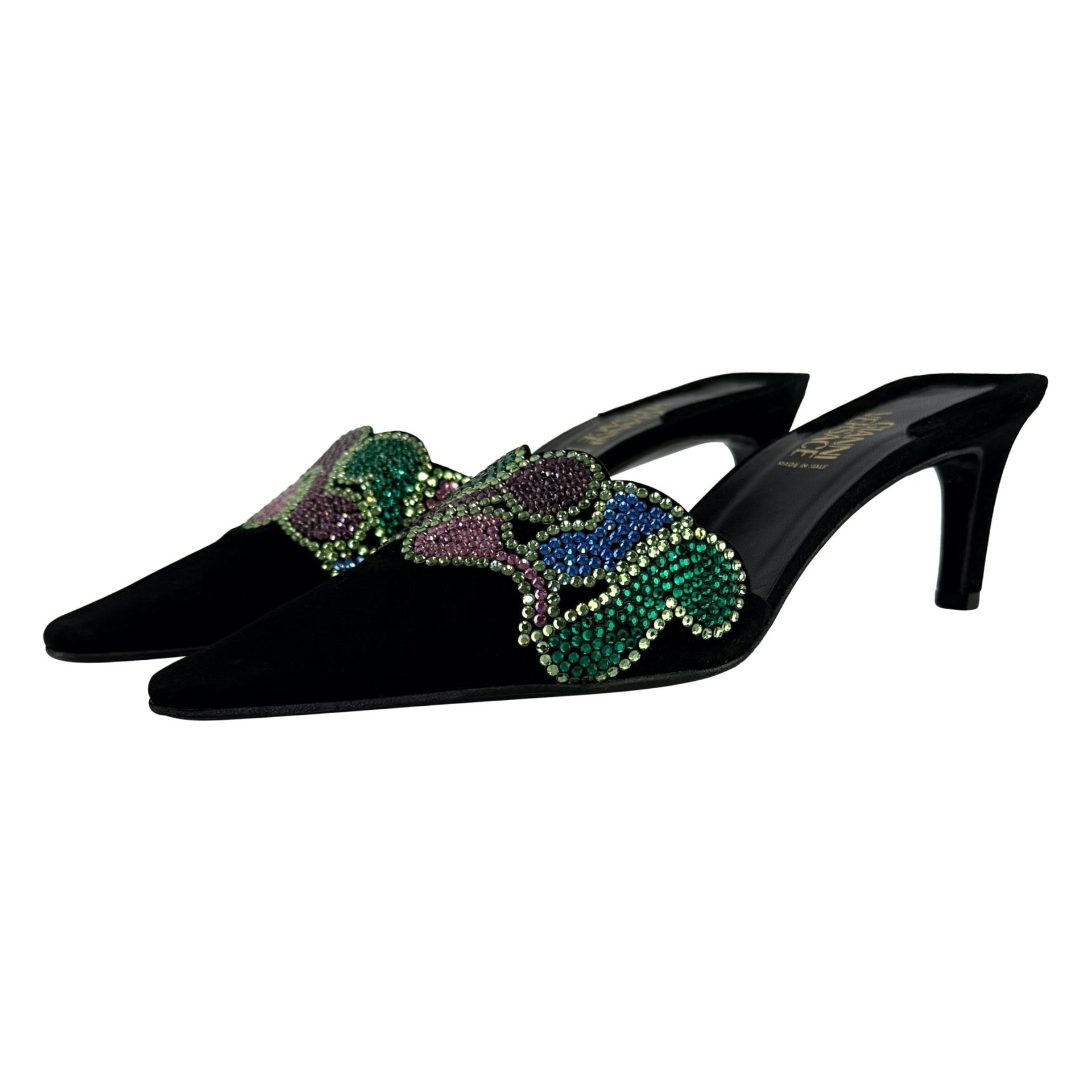 New S/S 2000 Gianni Versace by Donatella Rhinestone Black Suede Kitten Heels 37 - RealList