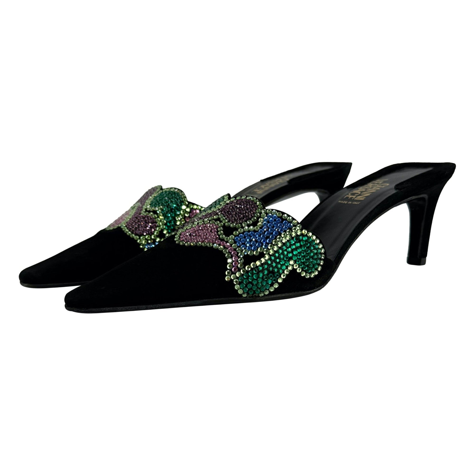 New S/S 2000 Gianni Versace by Donatella Rhinestone Black Suede Kitten Heels 37 - RealList