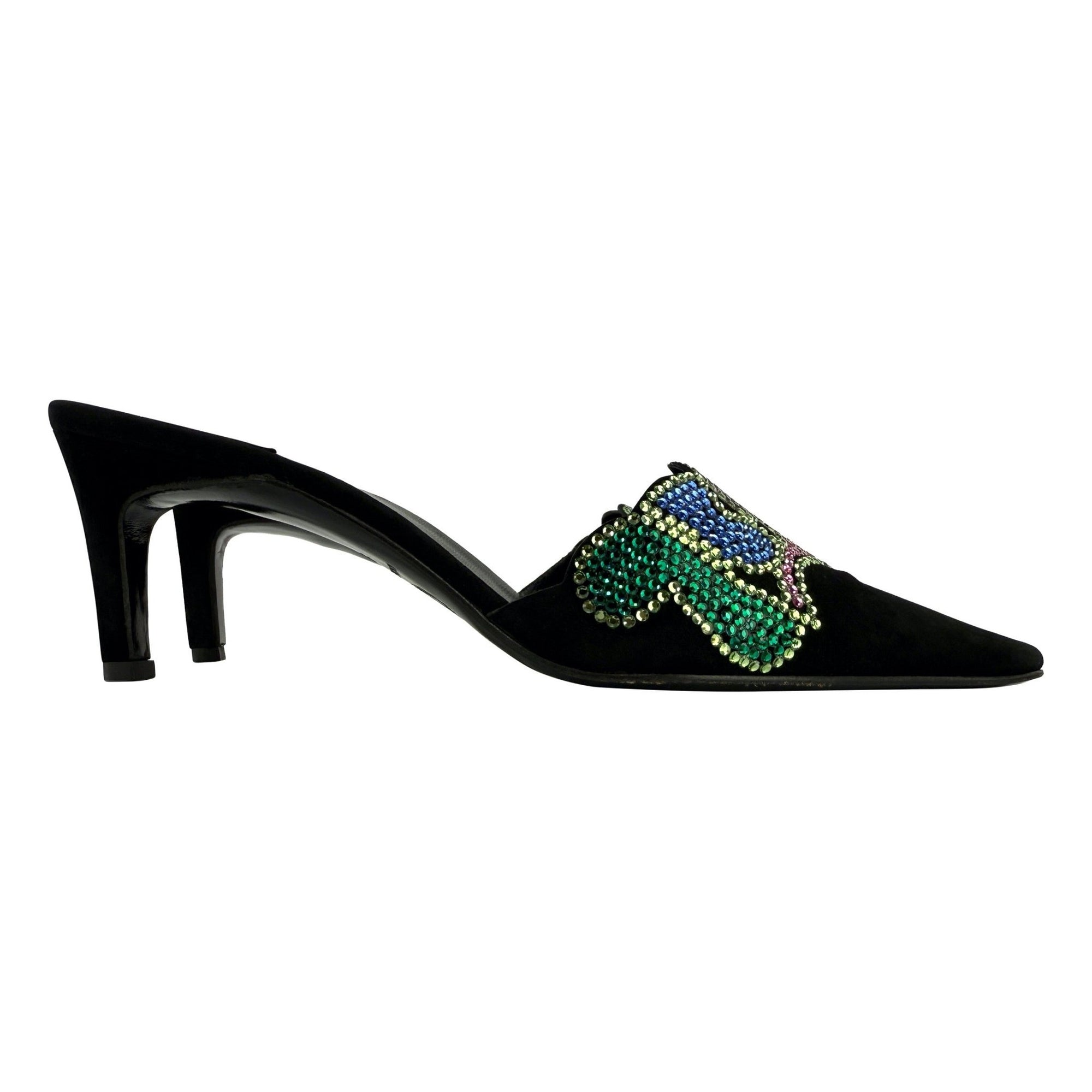 New S/S 2000 Gianni Versace by Donatella Rhinestone Black Suede Kitten Heels 37 - RealList