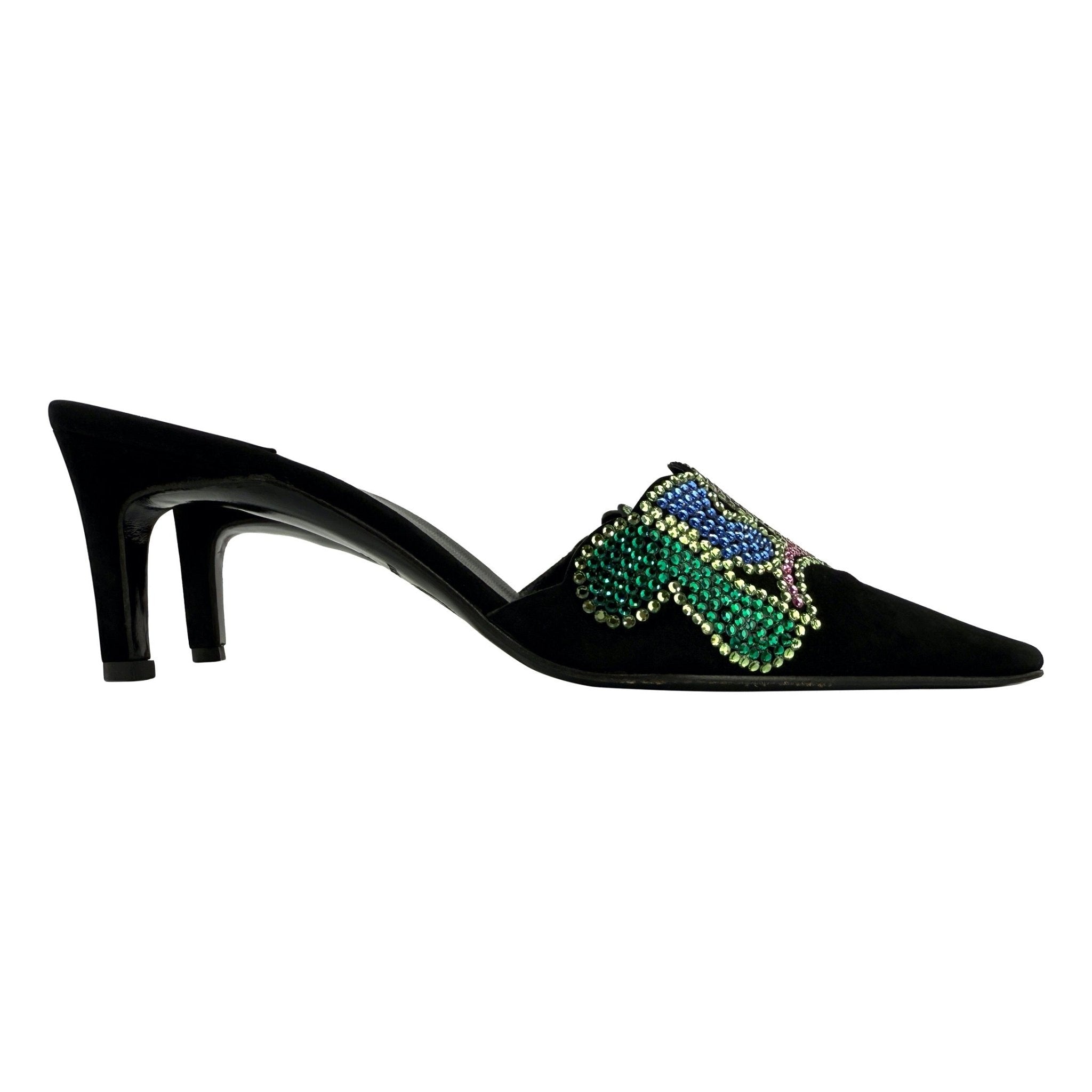 New S/S 2000 Gianni Versace by Donatella Rhinestone Black Suede Kitten Heels 37 - RealList