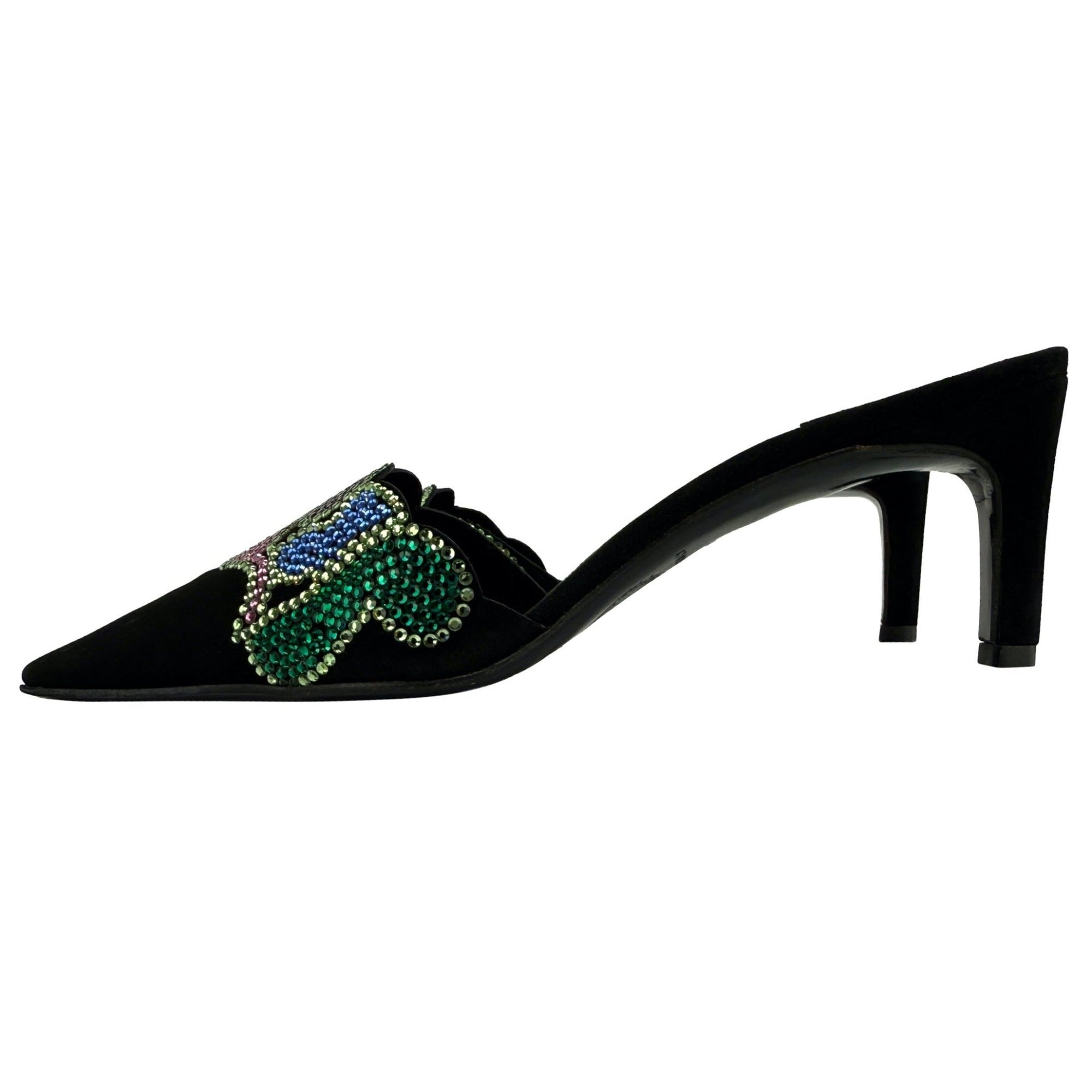 New S/S 2000 Gianni Versace by Donatella Rhinestone Black Suede Kitten Heels 37 - RealList