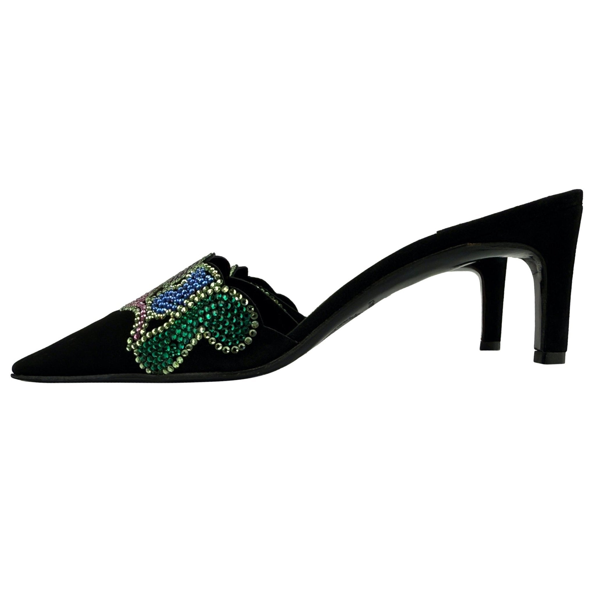 New S/S 2000 Gianni Versace by Donatella Rhinestone Black Suede Kitten Heels 37 - RealList