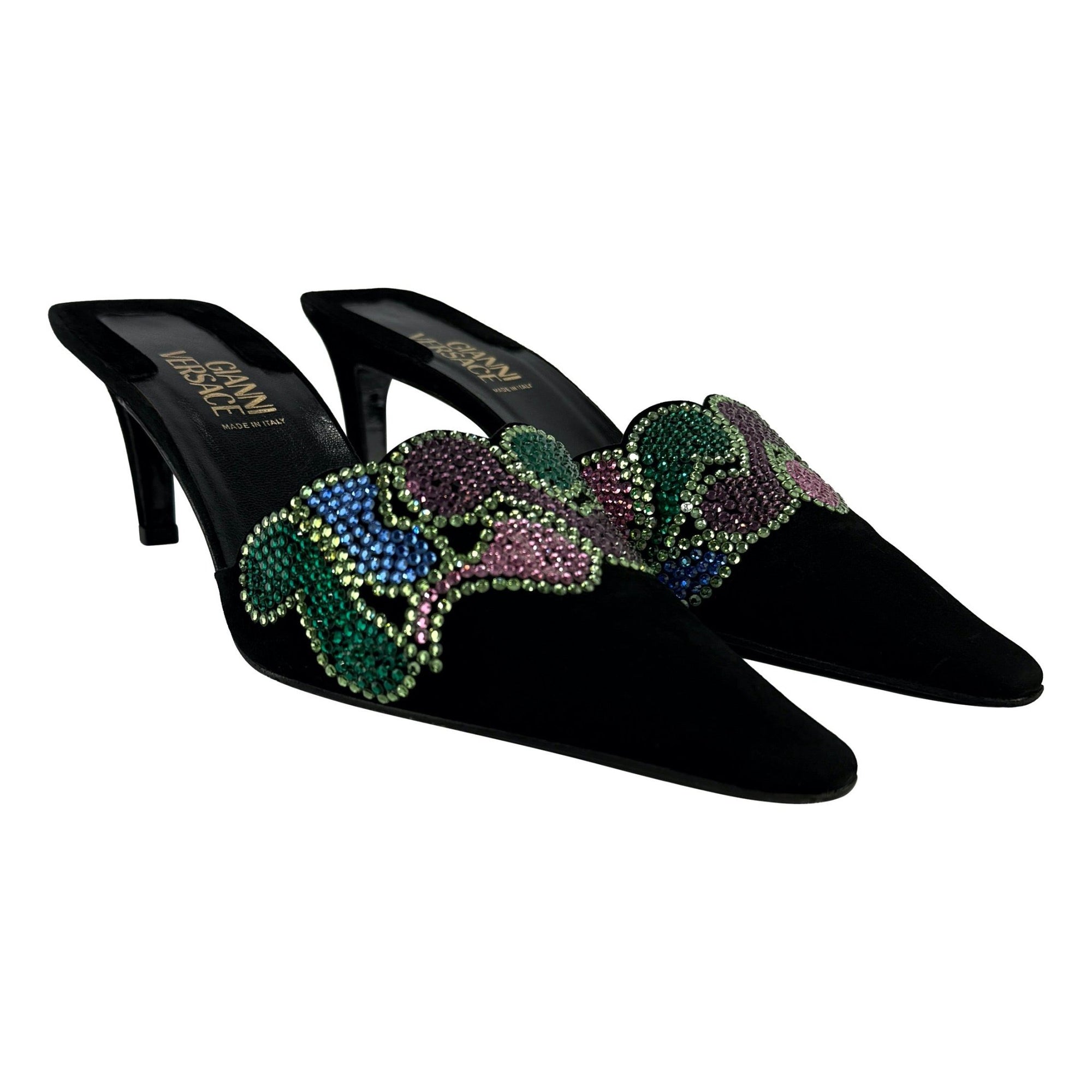 New S/S 2000 Gianni Versace by Donatella Rhinestone Black Suede Kitten Heels 37 - RealList