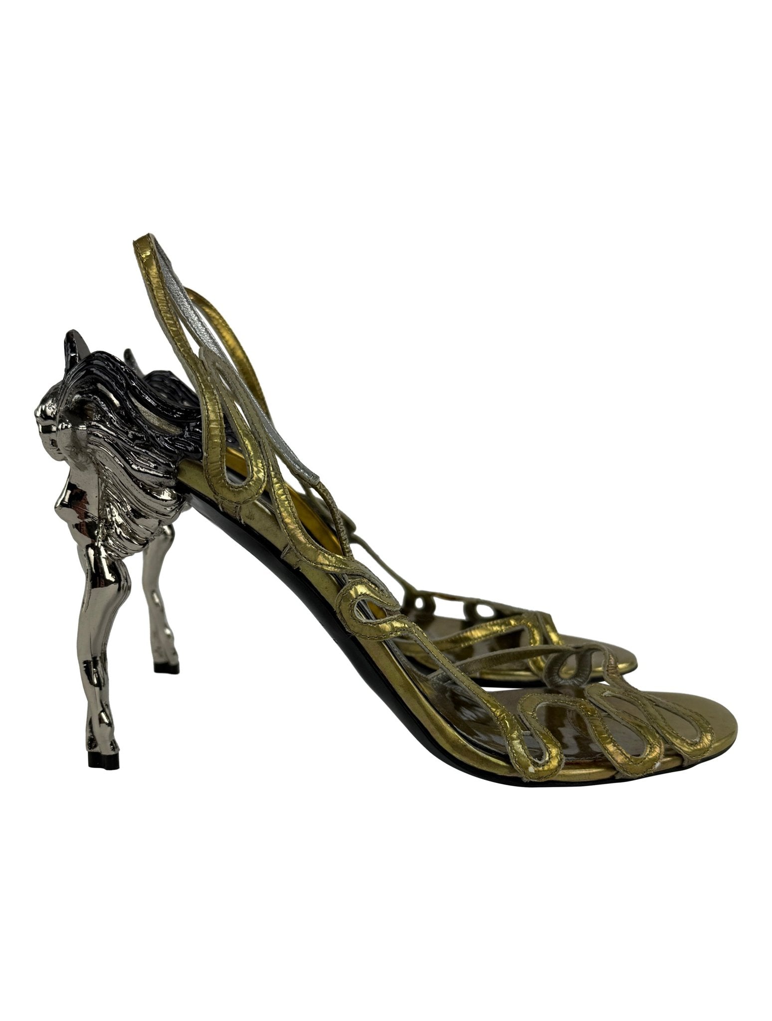 NWOT F/W 2010 Alexander McQueen 'Angels & Demons' Figural Metallic Sandal Heels 39 - RealList