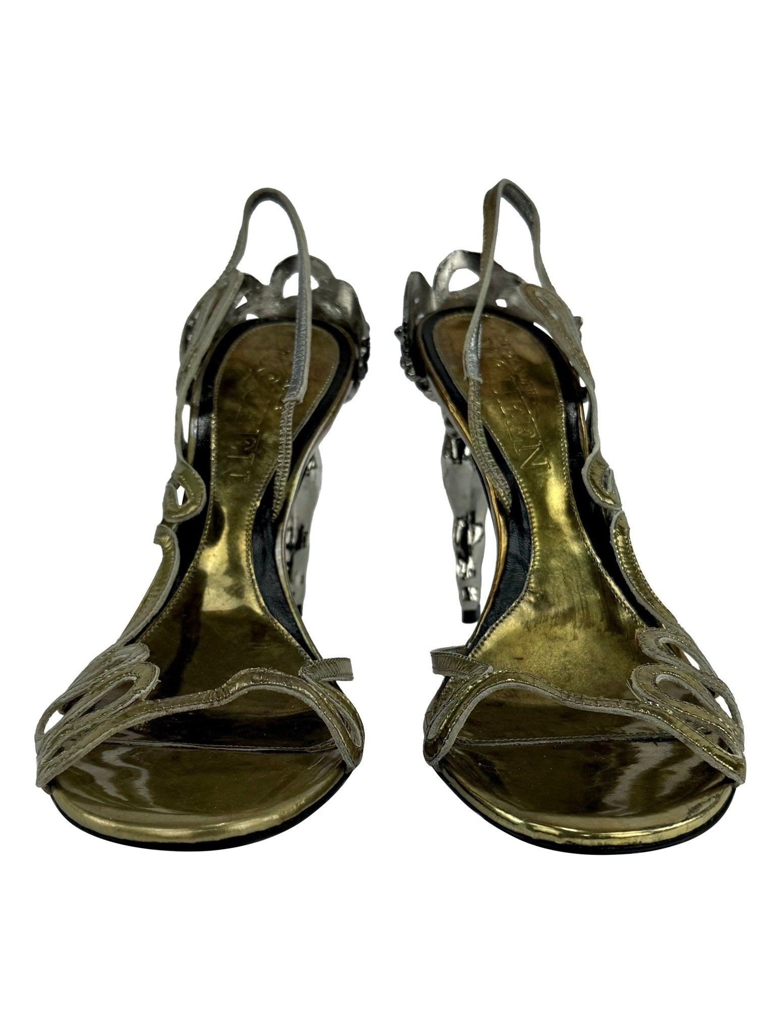 NWOT F/W 2010 Alexander McQueen 'Angels & Demons' Figural Metallic Sandal Heels 39 - RealList