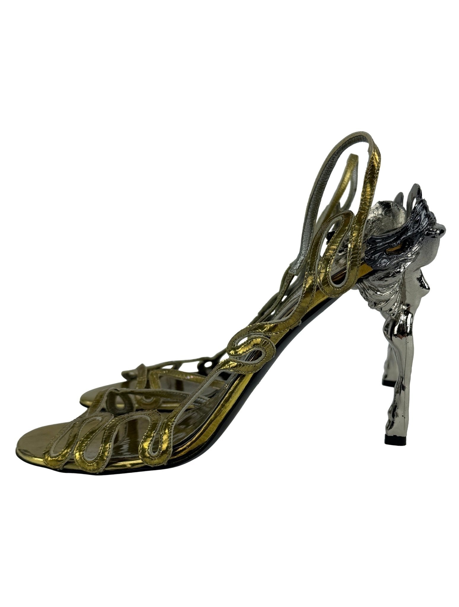 NWOT F/W 2010 Alexander McQueen 'Angels & Demons' Figural Metallic Sandal Heels 39 - RealList