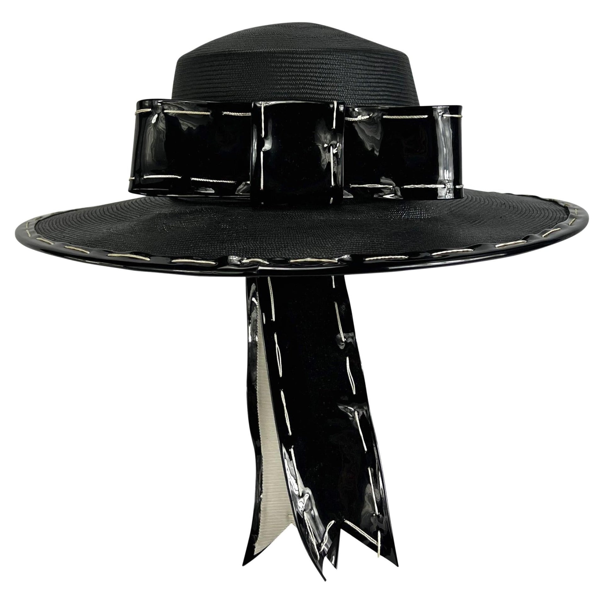 NWT 1980s Yves Saint Laurent Black White Chupalla Patent Bow Hat - RealList