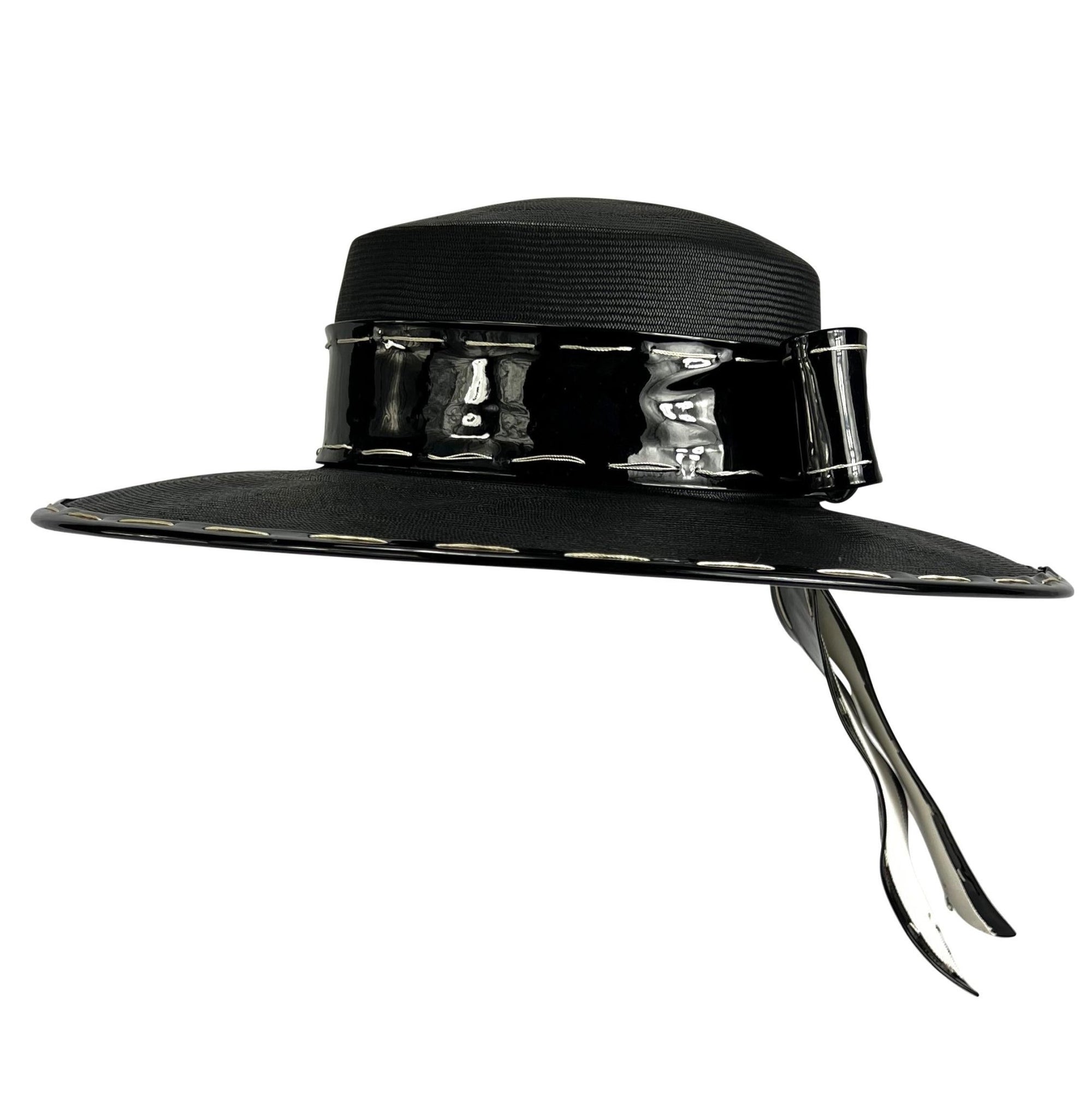 NWT 1980s Yves Saint Laurent Black White Chupalla Patent Bow Hat - RealList