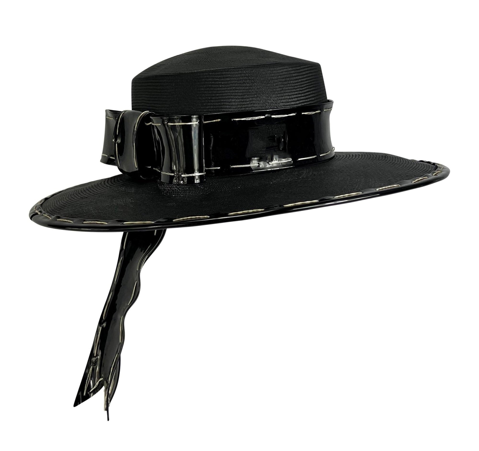 NWT 1980s Yves Saint Laurent Black White Chupalla Patent Bow Hat - RealList