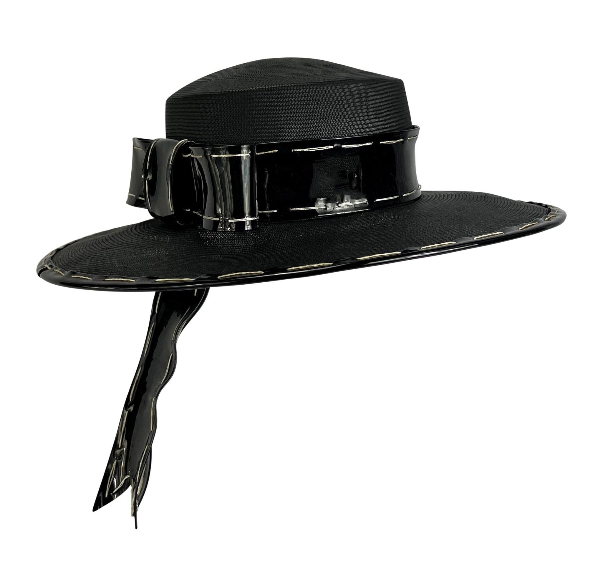 NWT 1980s Yves Saint Laurent Black White Chupalla Patent Bow Hat - RealList
