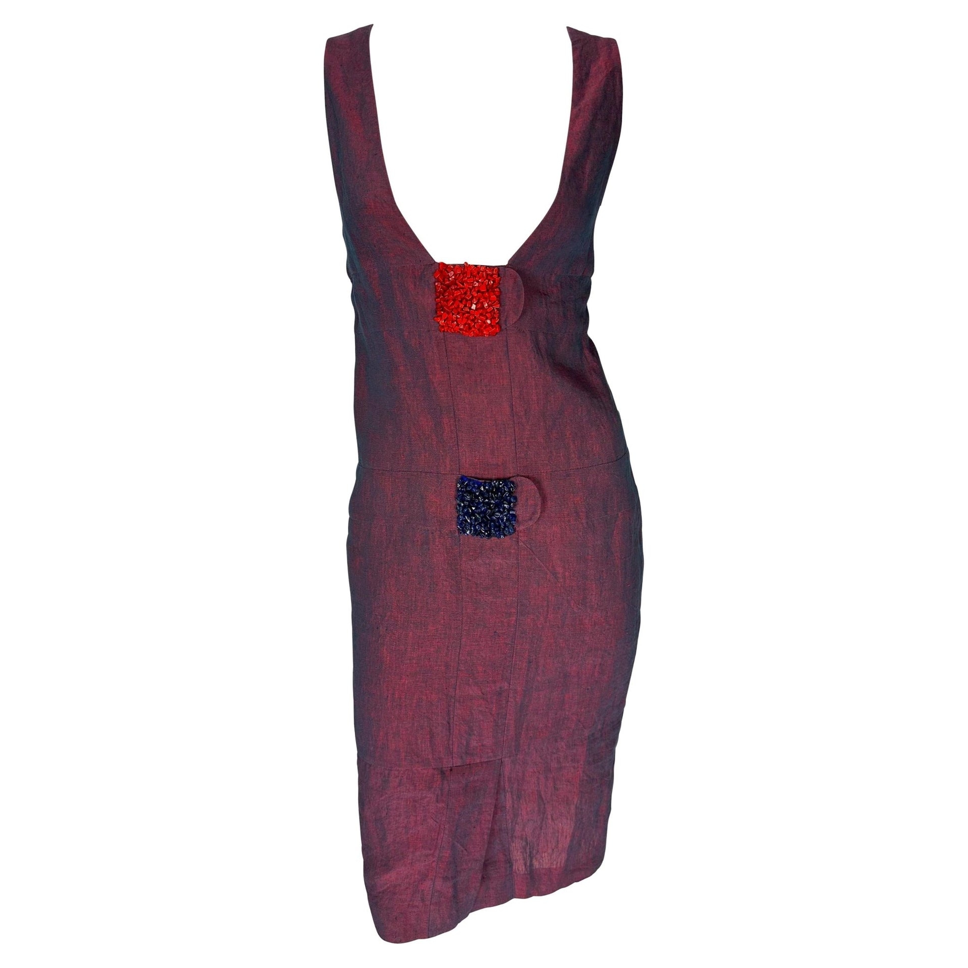 NWT 1990s Fendi by Karl Lagerfeld Iridescent Red Blue Linen Plunge Beaded Dress - RealList