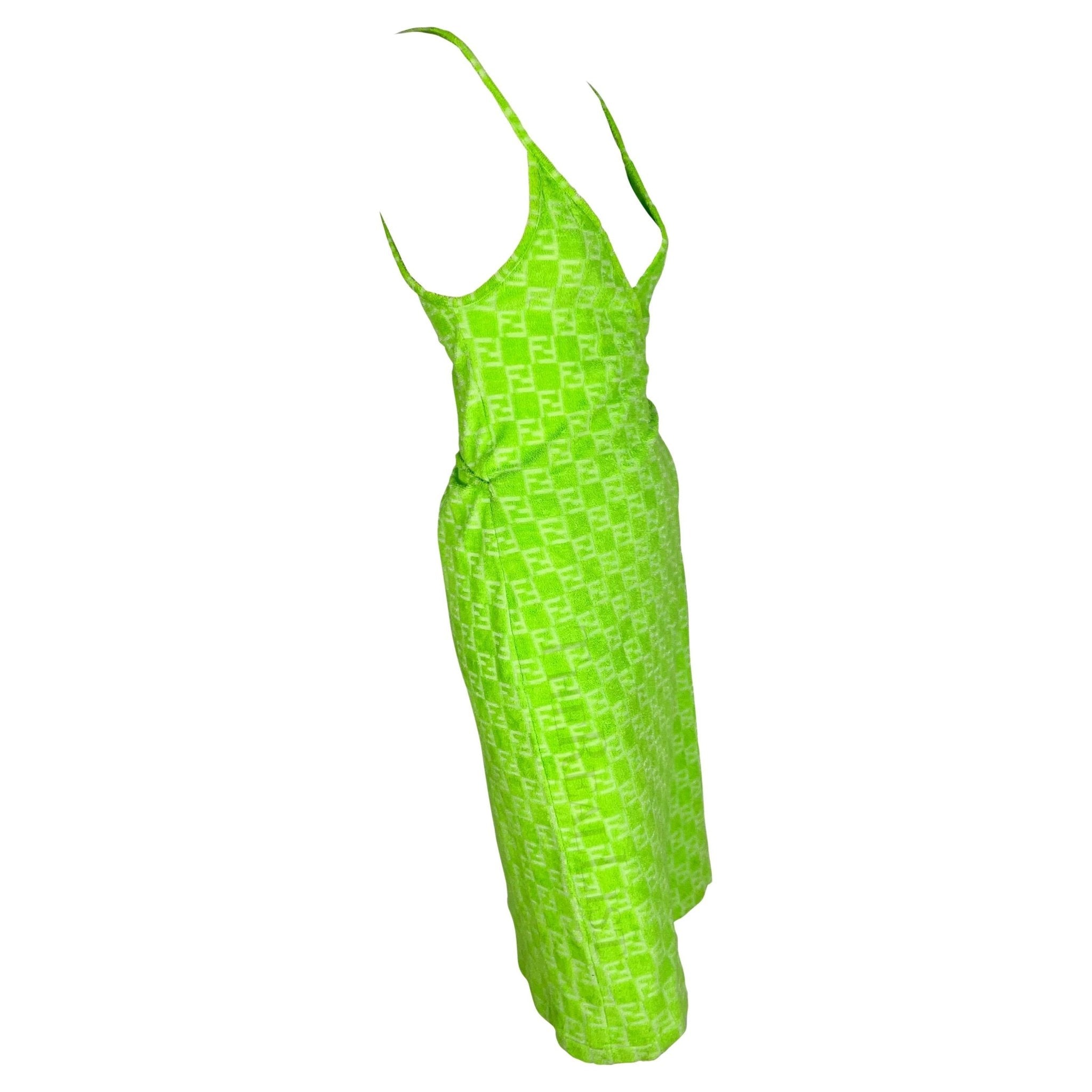 NWT 1990s Fendi by Karl Lagerfeld Neon Green Terry Cloth FF Logo Wrap Dress - RealList