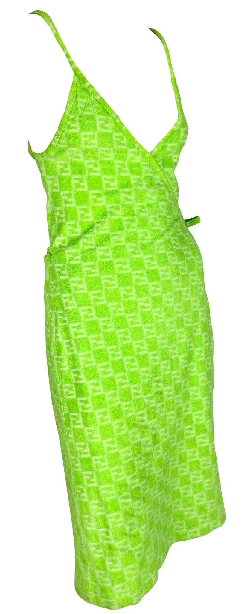 NWT 1990s Fendi by Karl Lagerfeld Neon Green Terry Cloth FF Logo Wrap Dress - RealList
