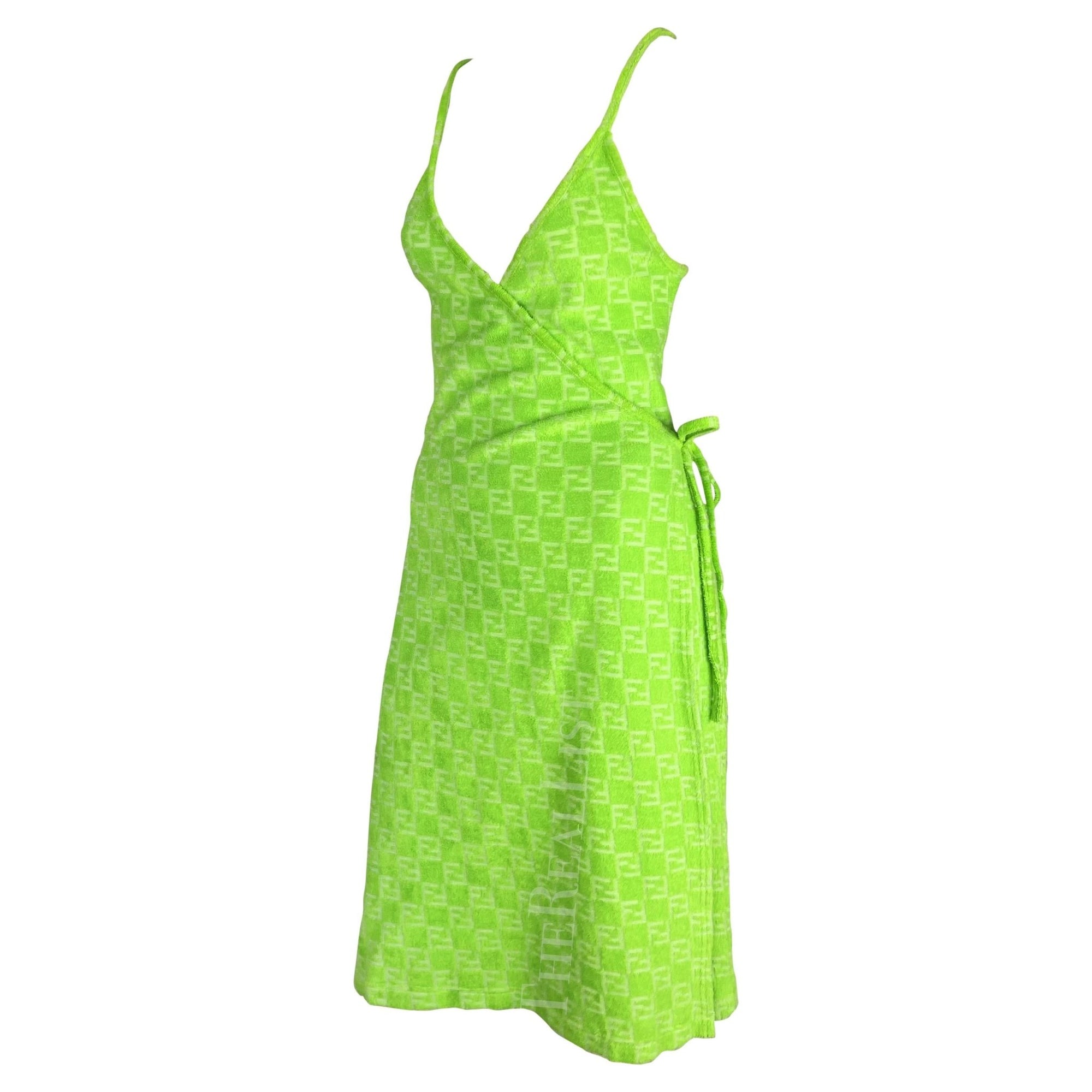 NWT 1990s Fendi by Karl Lagerfeld Neon Green Terry Cloth FF Logo Wrap Dress - RealList