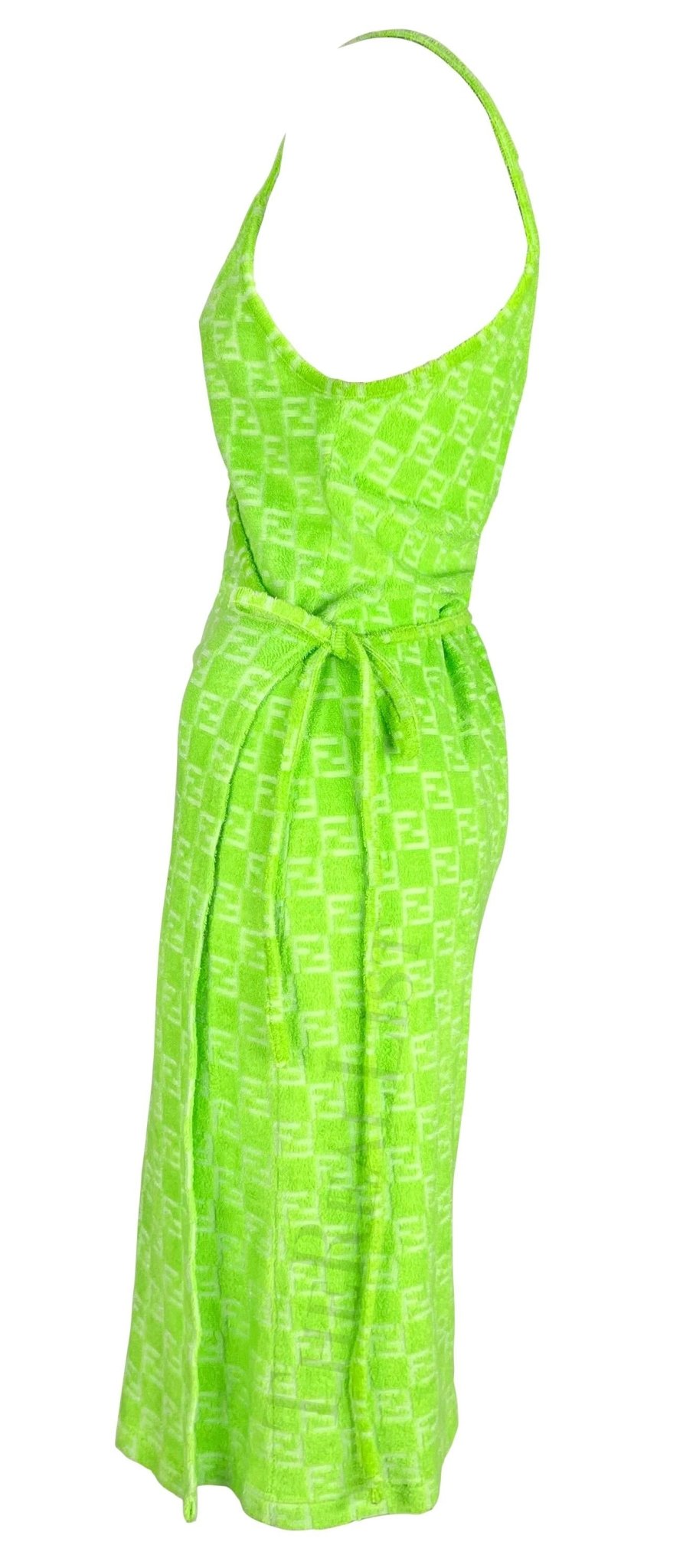 NWT 1990s Fendi by Karl Lagerfeld Neon Green Terry Cloth FF Logo Wrap Dress - RealList