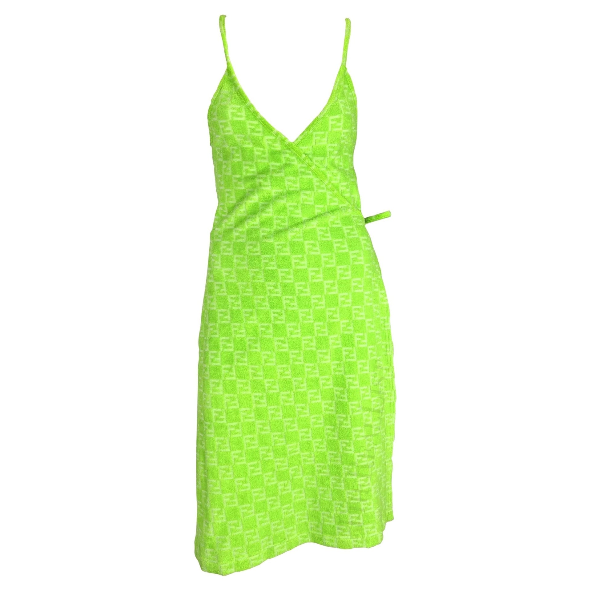 NWT 1990s Fendi by Karl Lagerfeld Neon Green Terry Cloth FF Logo Wrap Dress - RealList