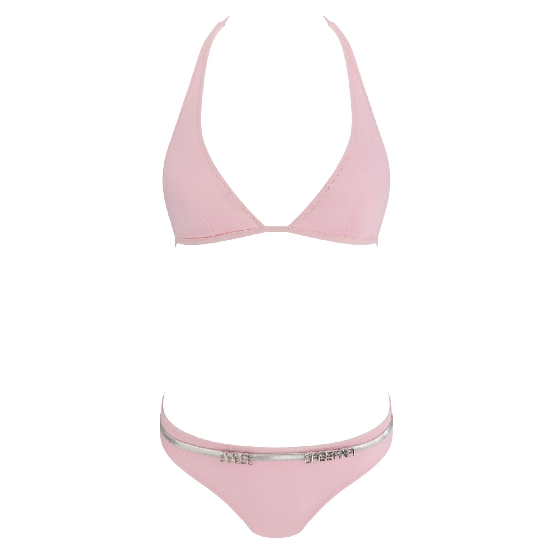 NWT 2000s Dolce & Gabbana Baby Pink Silver Logo Buckle Bikini Swim Set