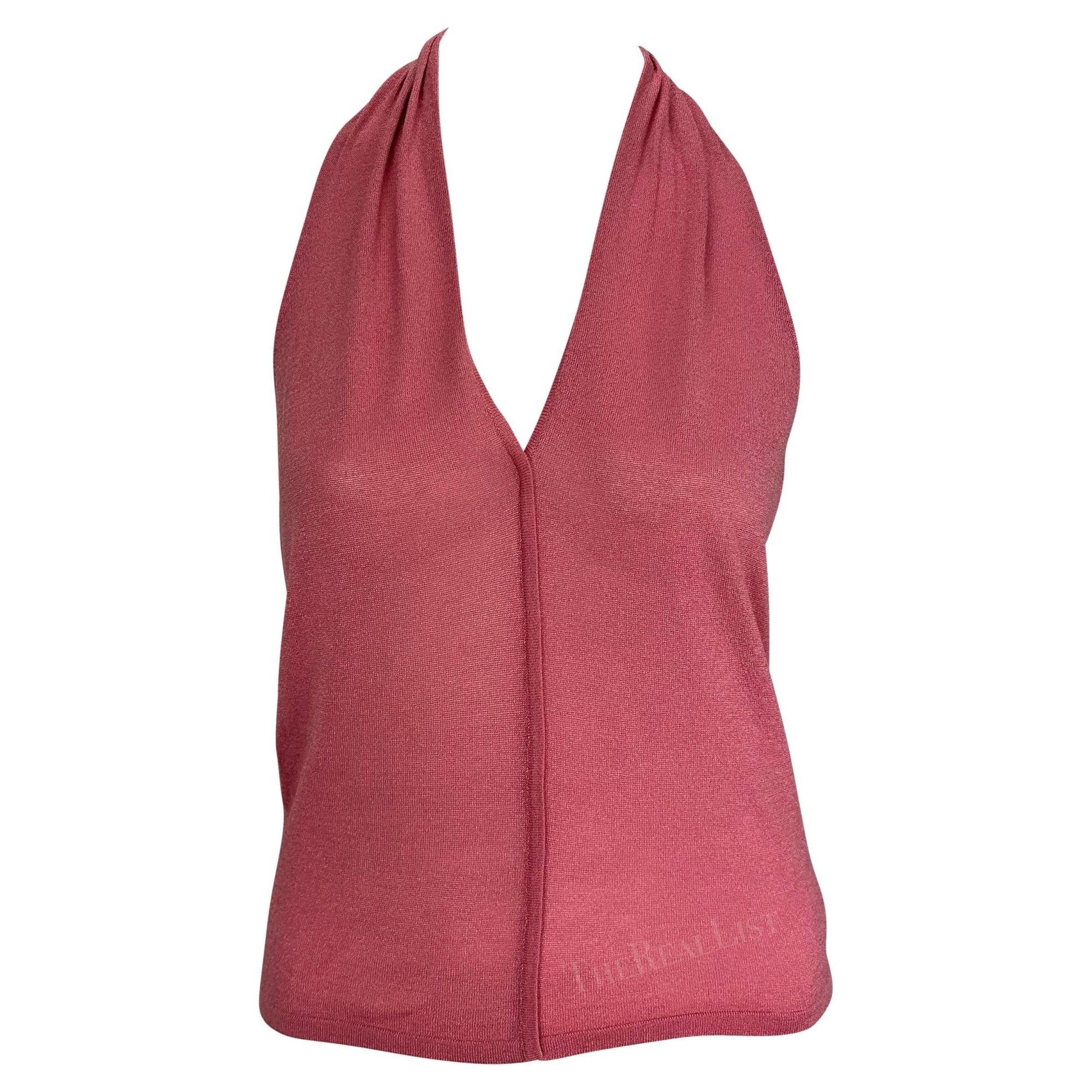 NWT 2000s Gucci by Tom Ford Pink Sheer Knit Halter Neck Tie Backless Tank Top - RealList