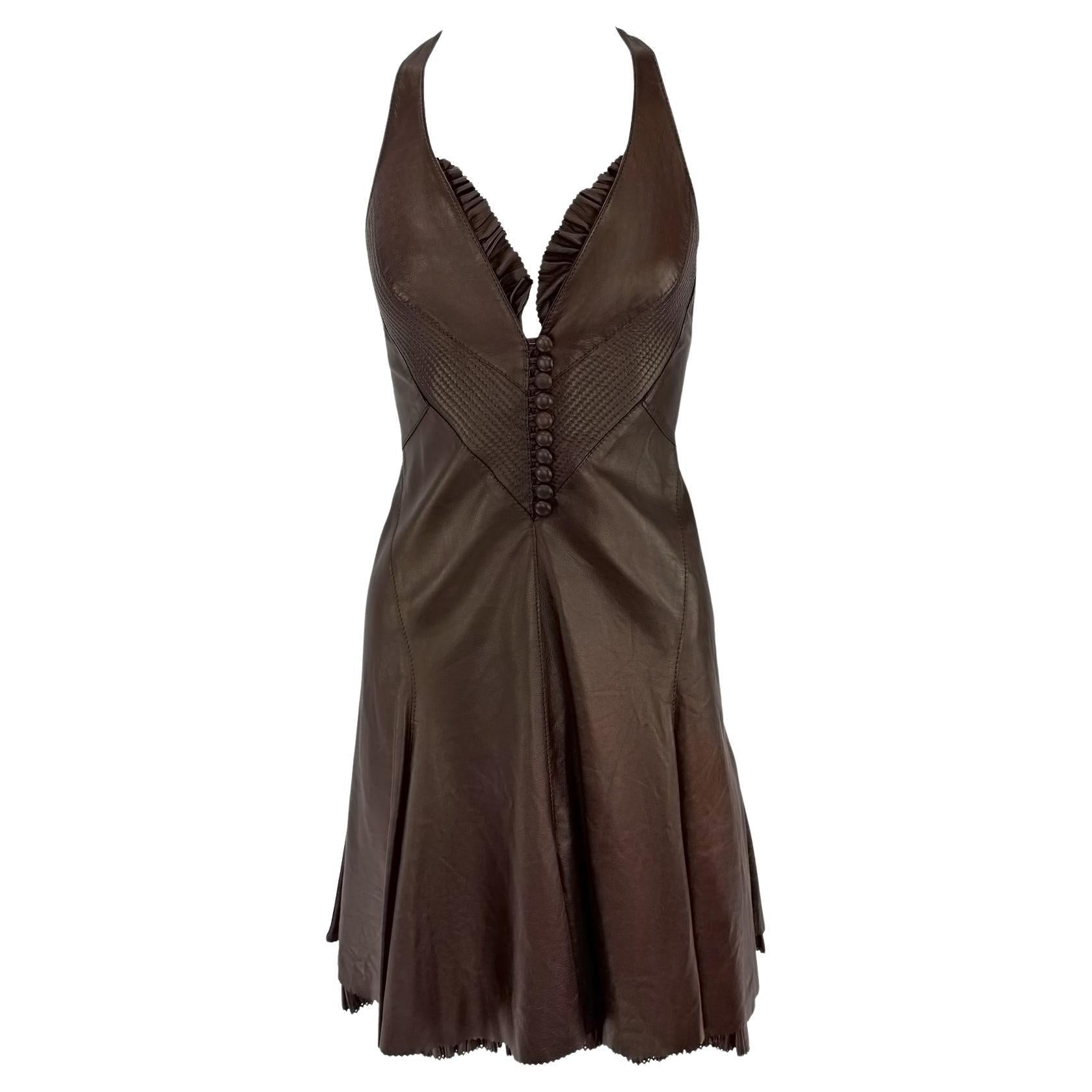 NWT 2004 Roberto Cavalli Chocolate Brown Leather Backless Flare Mini Dress - RealList