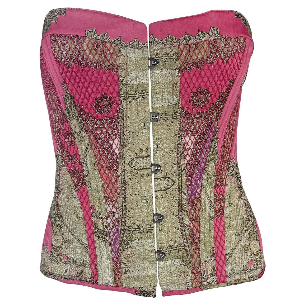 NWT 2004 Roberto Cavalli Pink Print Lace - Up Corset Bustier Top - RealList