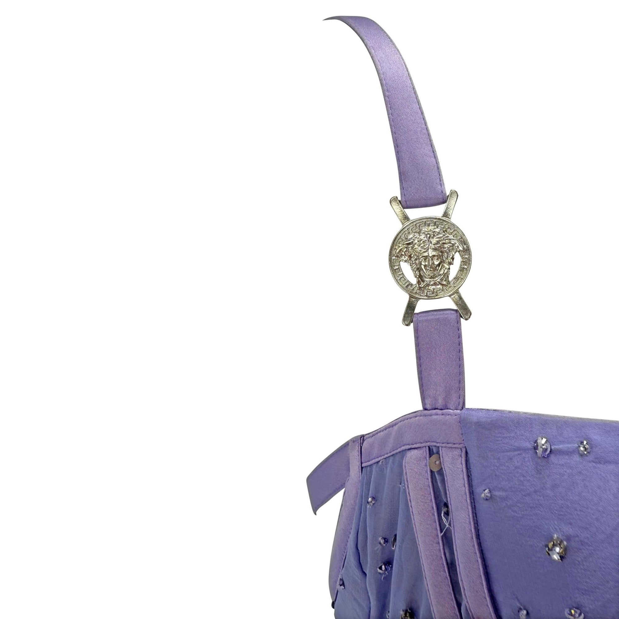 NWT 2005 Versace by Donatella Rhinestone Medusa Backless Lavender Chiffon Gown - RealList