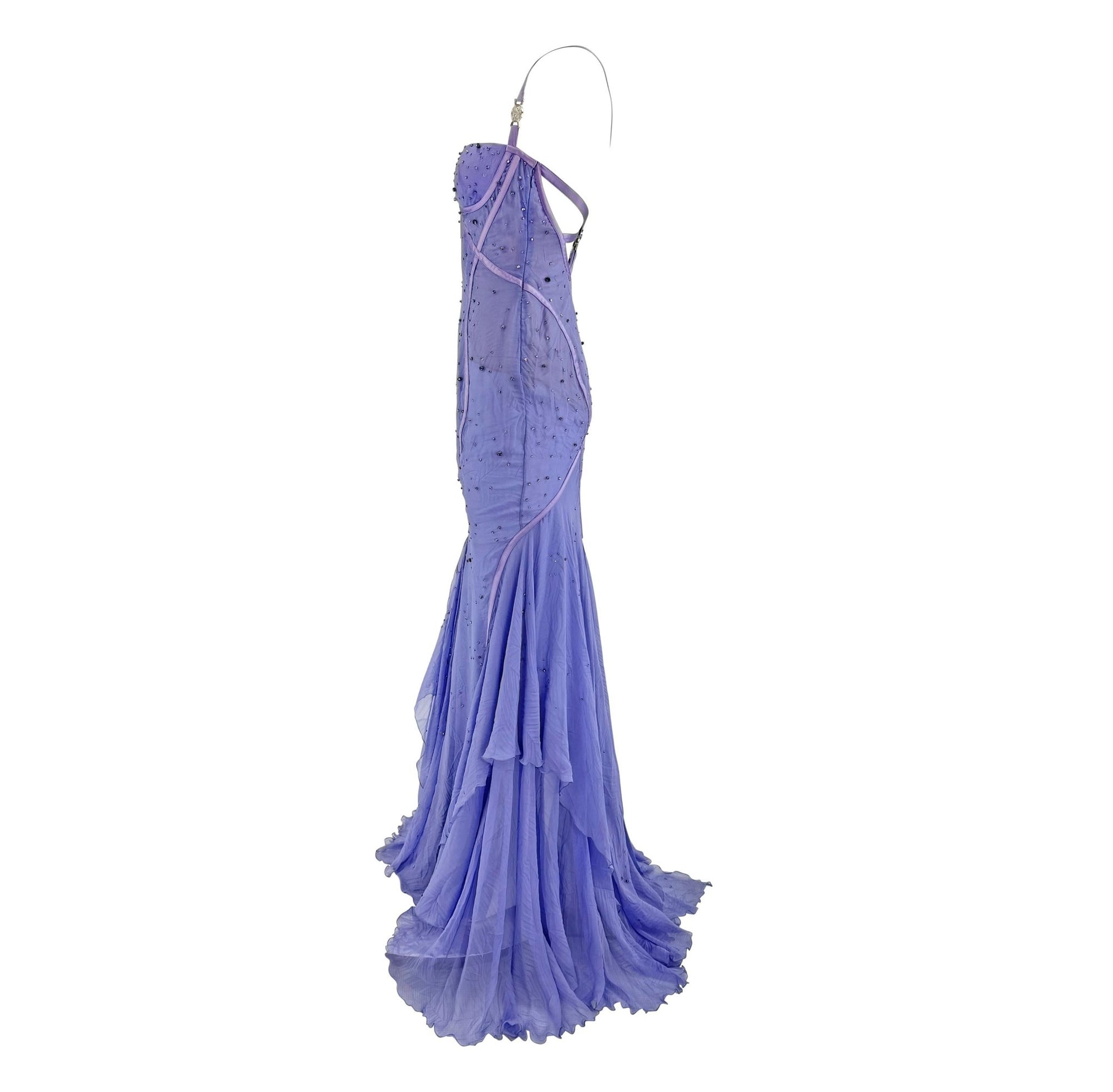 NWT 2005 Versace by Donatella Rhinestone Medusa Backless Lavender Chiffon Gown - RealList