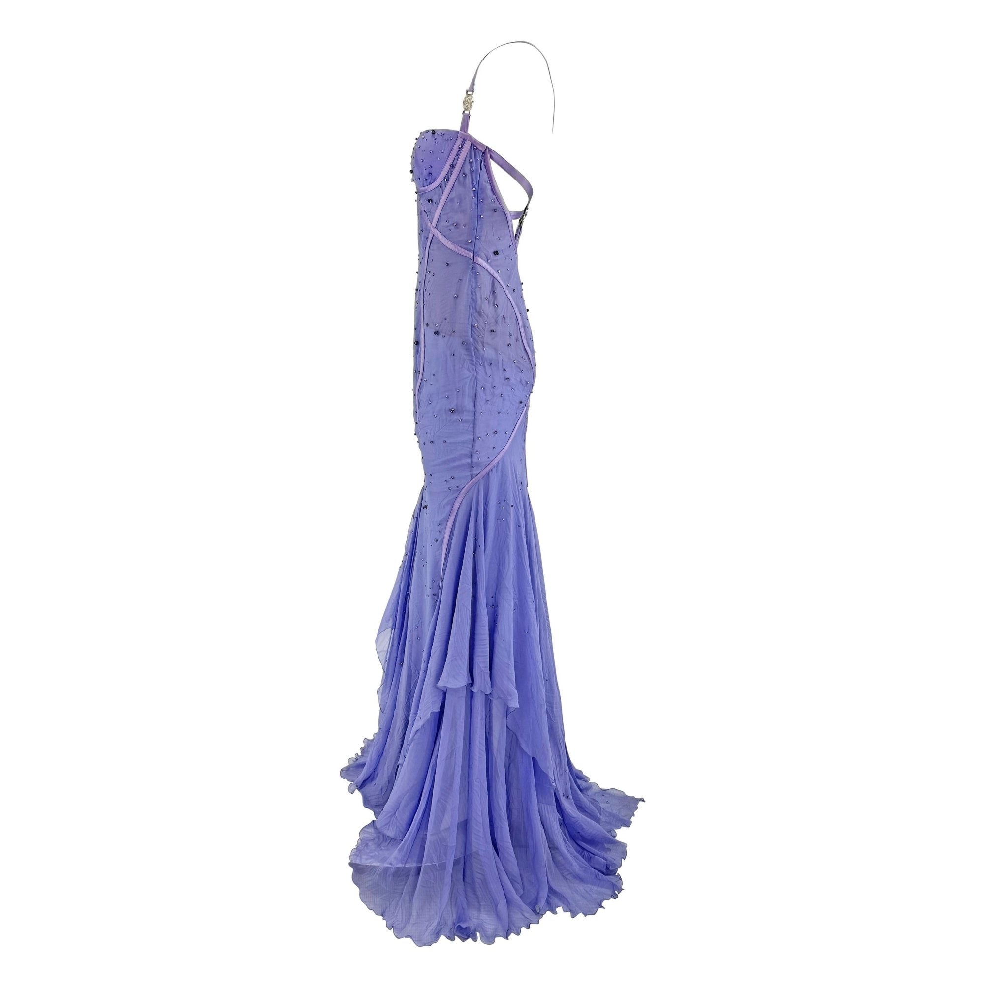 NWT 2005 Versace by Donatella Rhinestone Medusa Backless Lavender Chiffon Gown - RealList