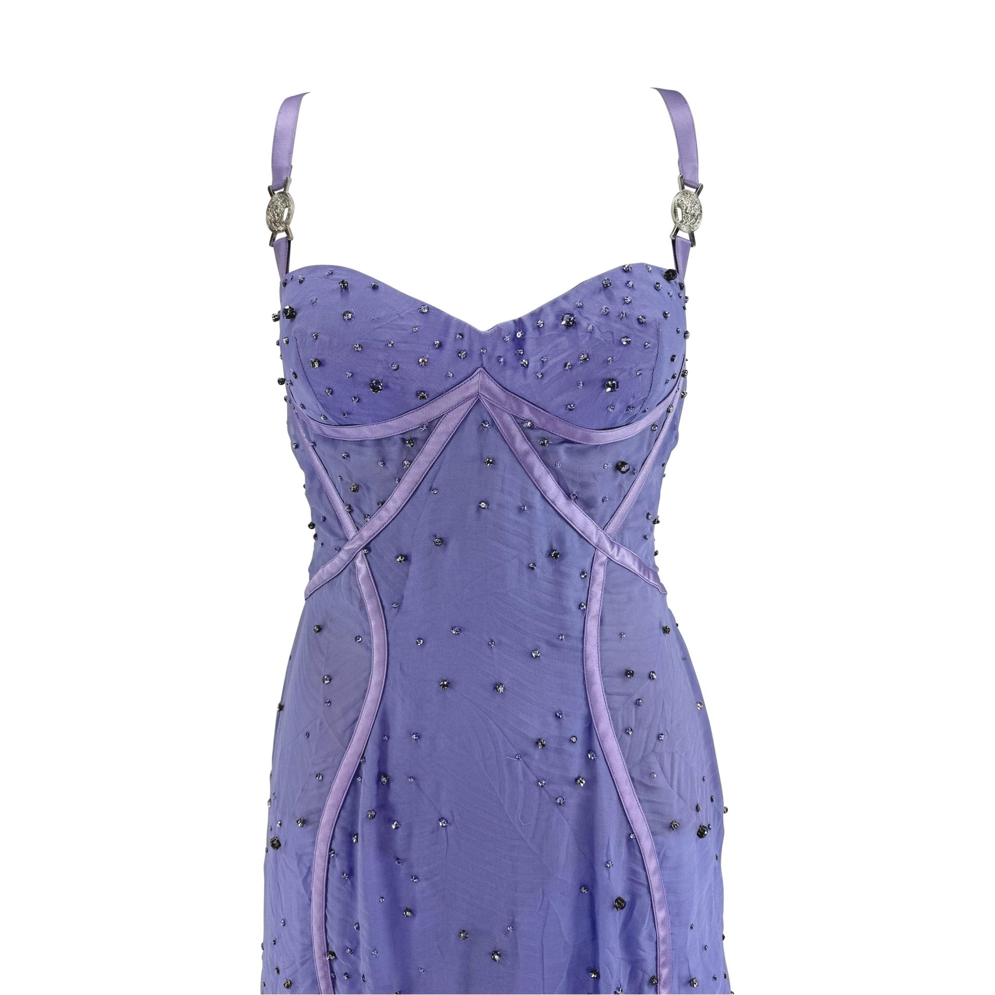 NWT 2005 Versace by Donatella Rhinestone Medusa Backless Lavender Chiffon Gown - RealList