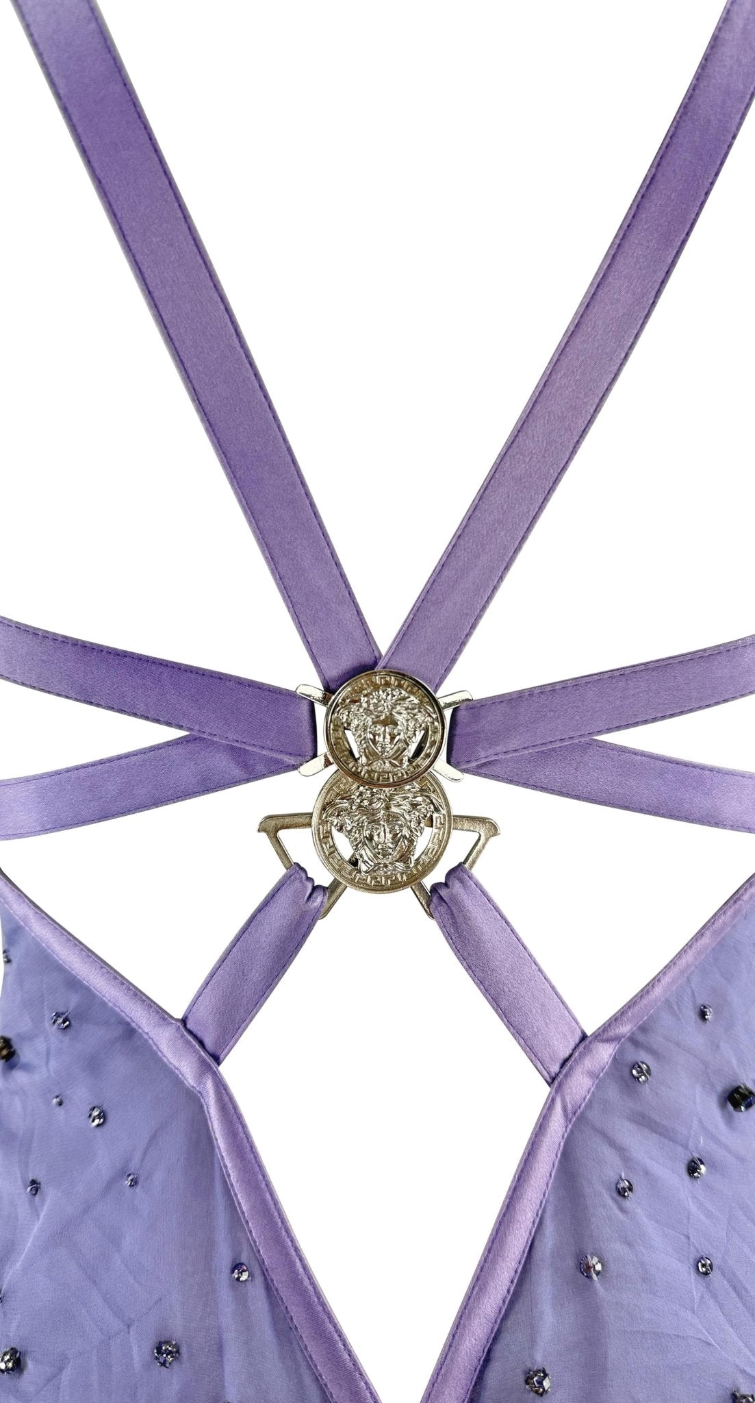 NWT 2005 Versace by Donatella Rhinestone Medusa Backless Lavender Chiffon Gown - RealList