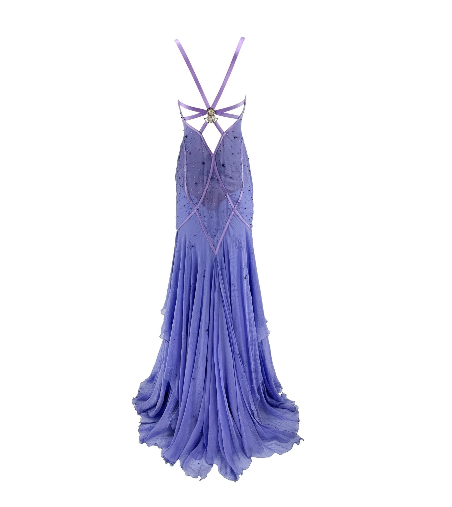 NWT 2005 Versace by Donatella Rhinestone Medusa Backless Lavender Chiffon Gown - RealList
