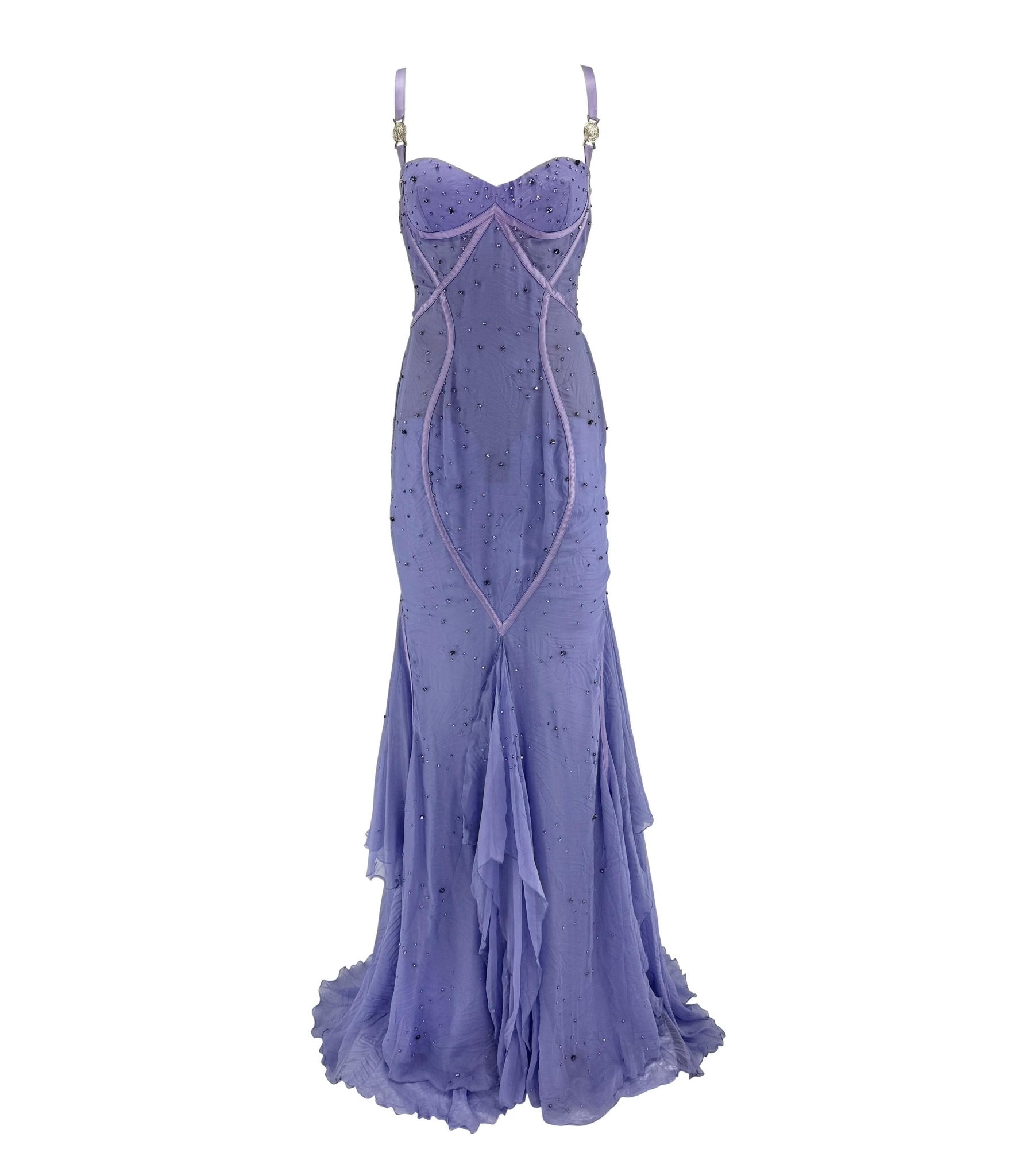 NWT 2005 Versace by Donatella Rhinestone Medusa Backless Lavender Chiffon Gown - RealList