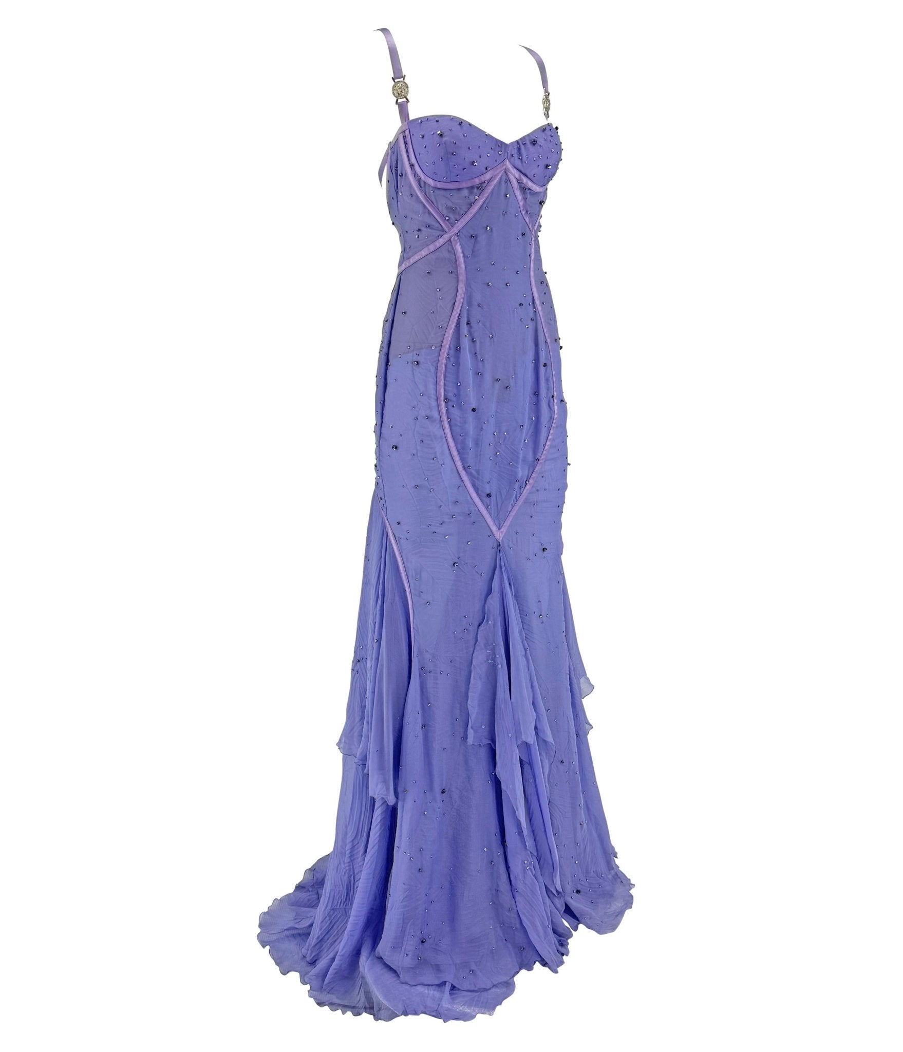 NWT 2005 Versace by Donatella Rhinestone Medusa Backless Lavender Chiffon Gown - RealList