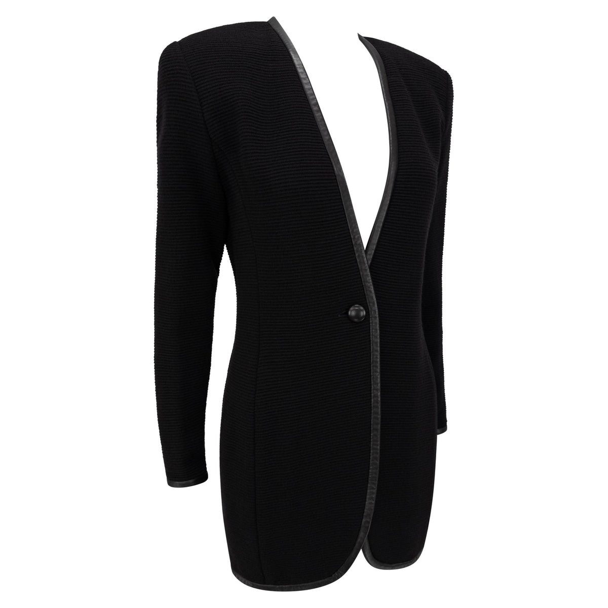 NWT Early 1990s Donna Karan Black Leather Trim Ribbed Blazer Jacket - RealList