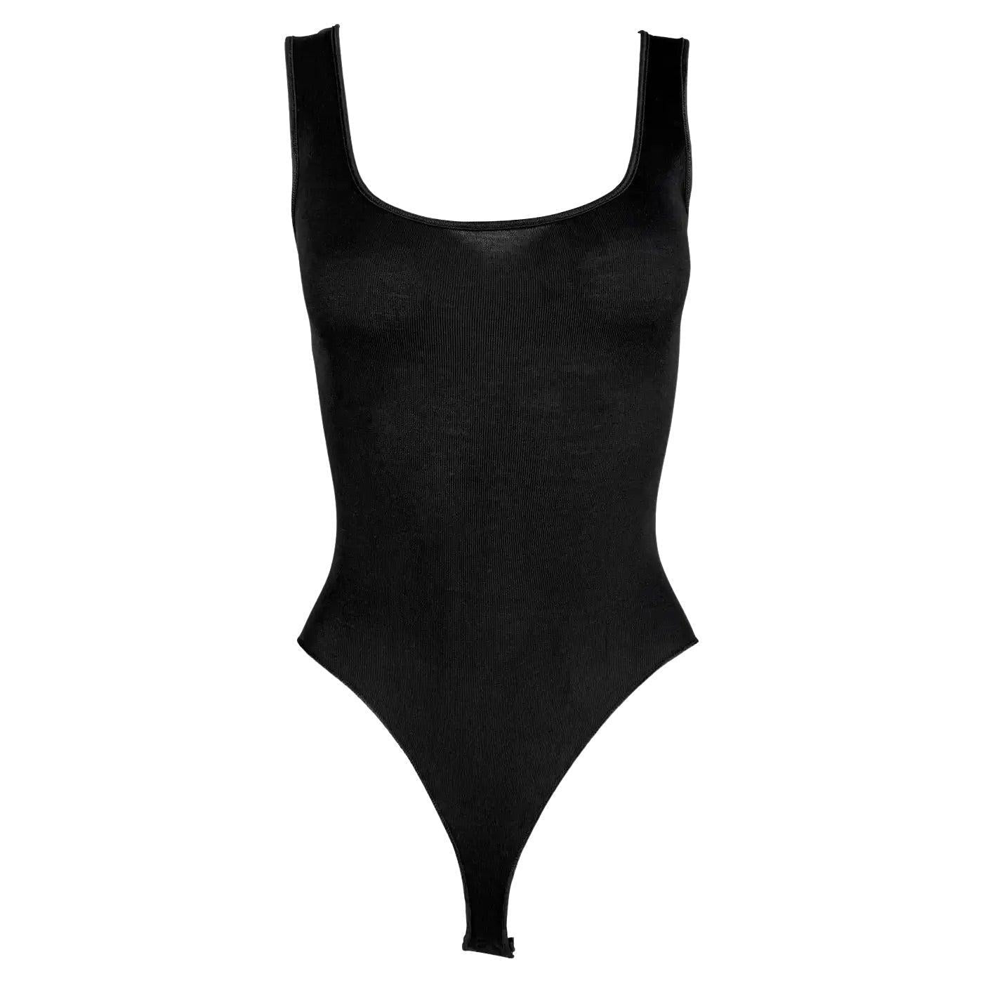 NWT Early 1990s Donna Karan Black Silk Bodysuit Satin Trim Stretch Tank Top - RealList