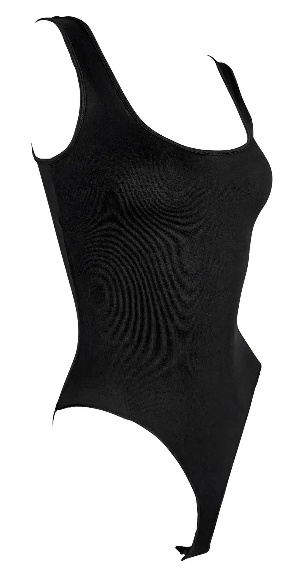 NWT Early 1990s Donna Karan Black Silk Bodysuit Satin Trim Stretch Tank Top - RealList